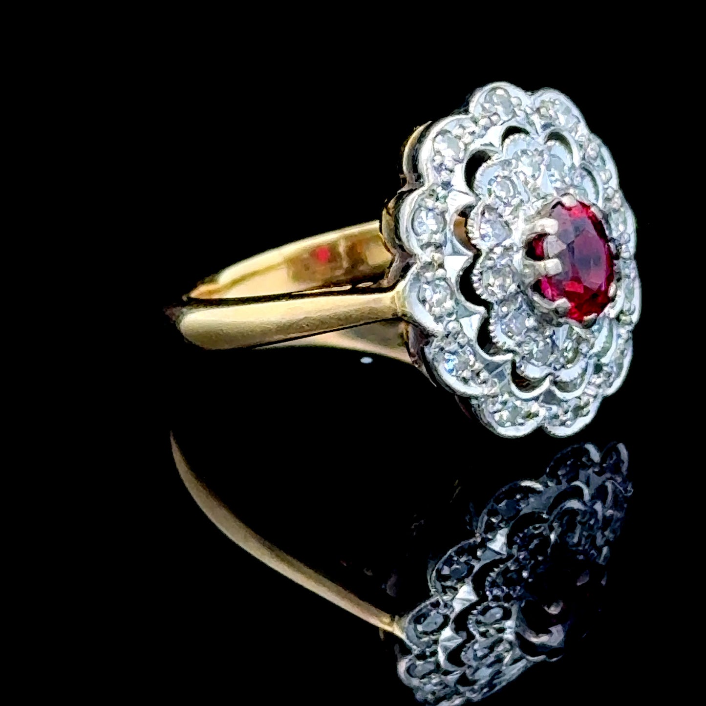 18K Yellow Gold Ruby & Diamond Cluster Ring