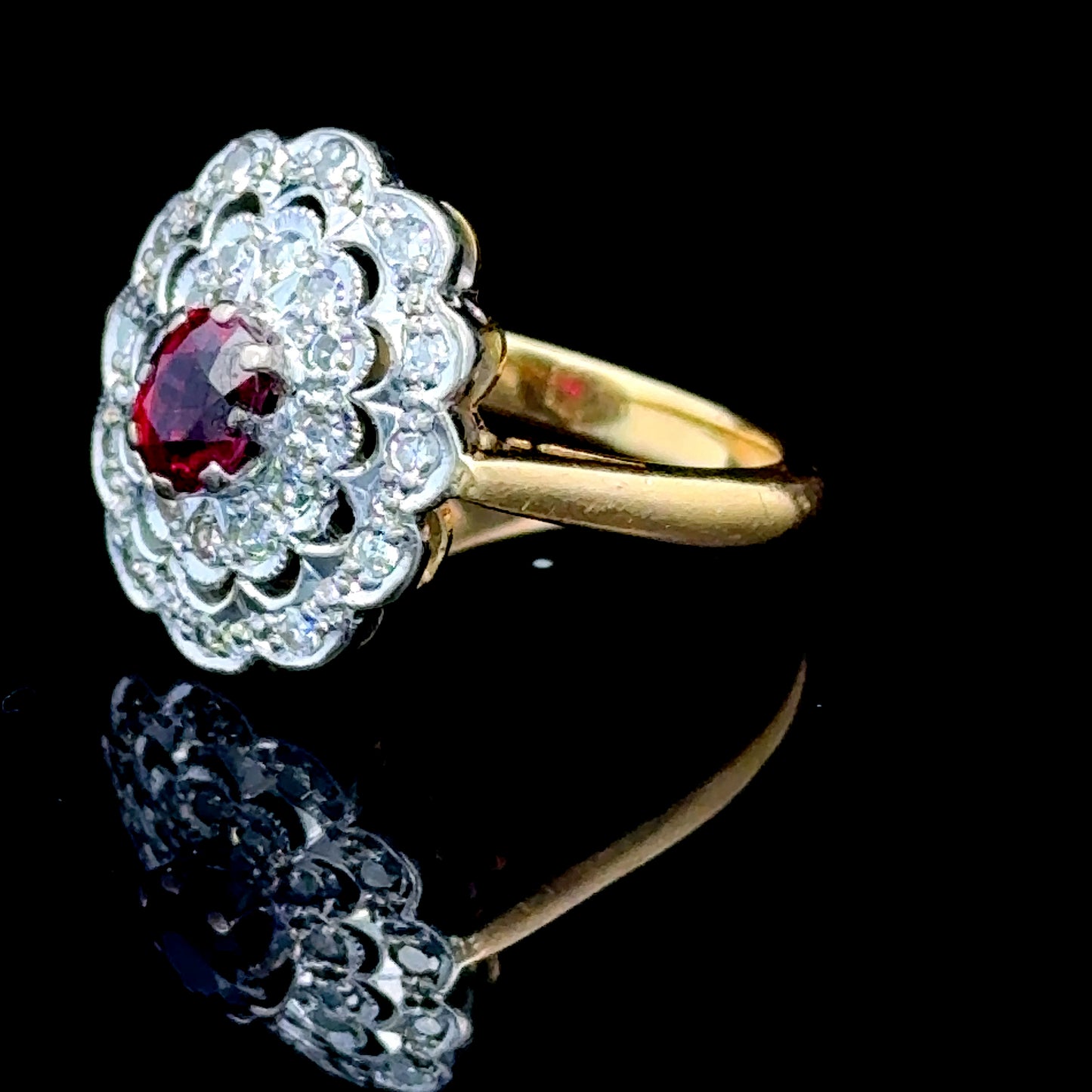 18K Yellow Gold Ruby & Diamond Cluster Ring