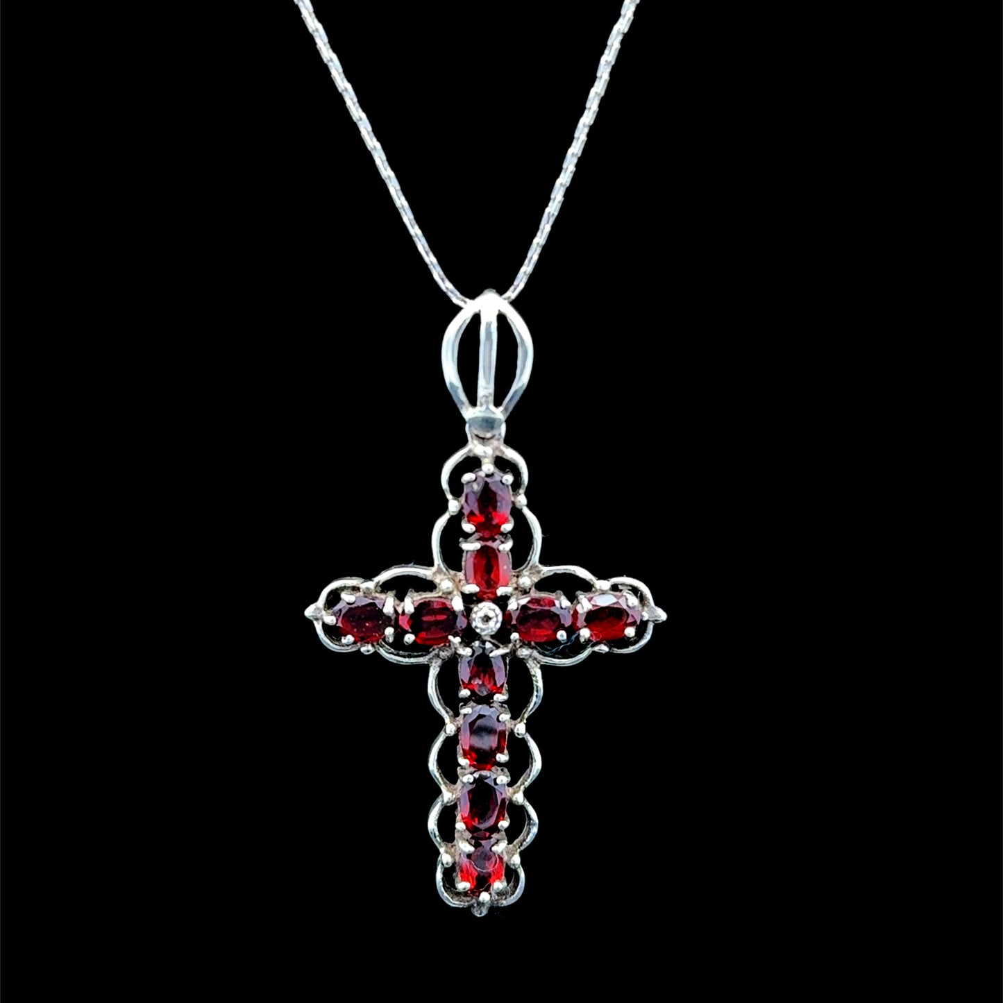 Silver & Garnet Cross & Chain