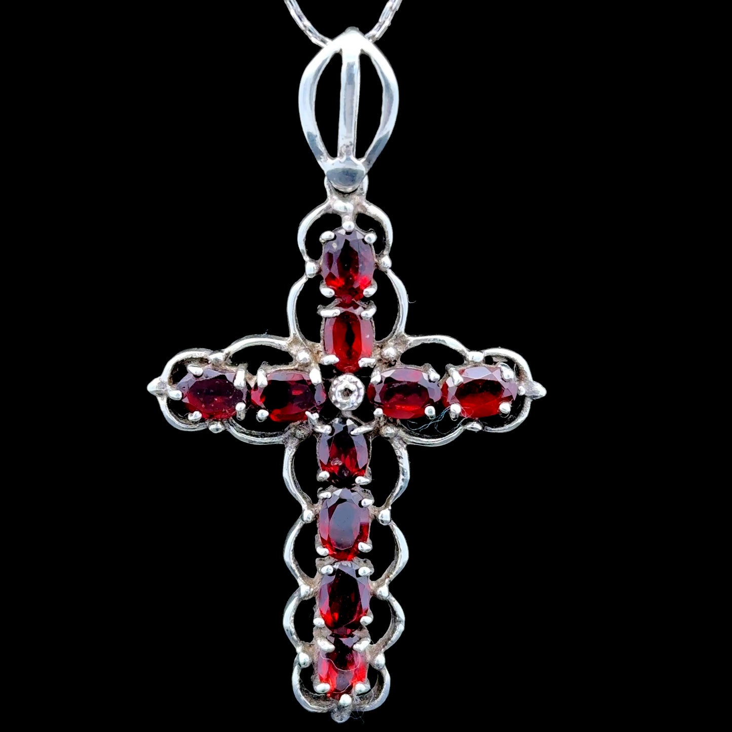 Silver & Garnet Cross & Chain