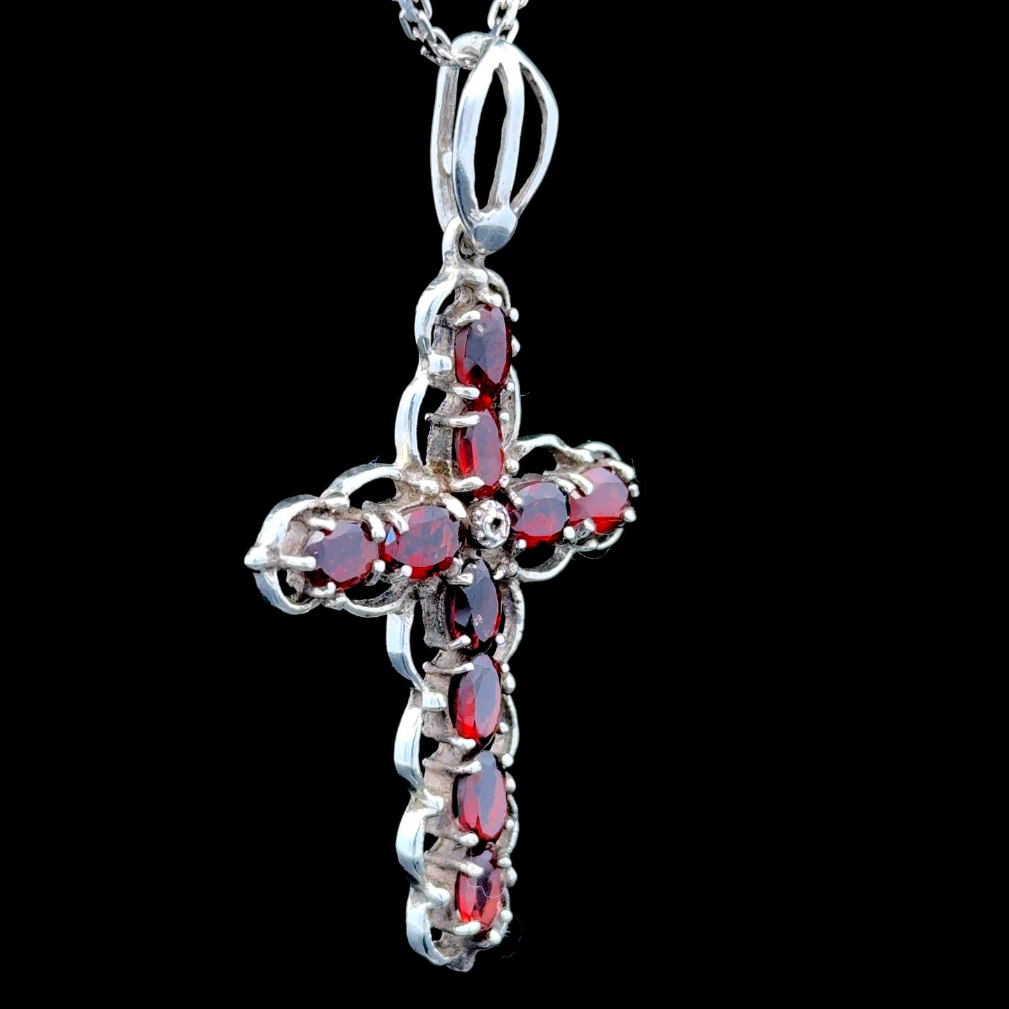 Silver & Garnet Cross & Chain
