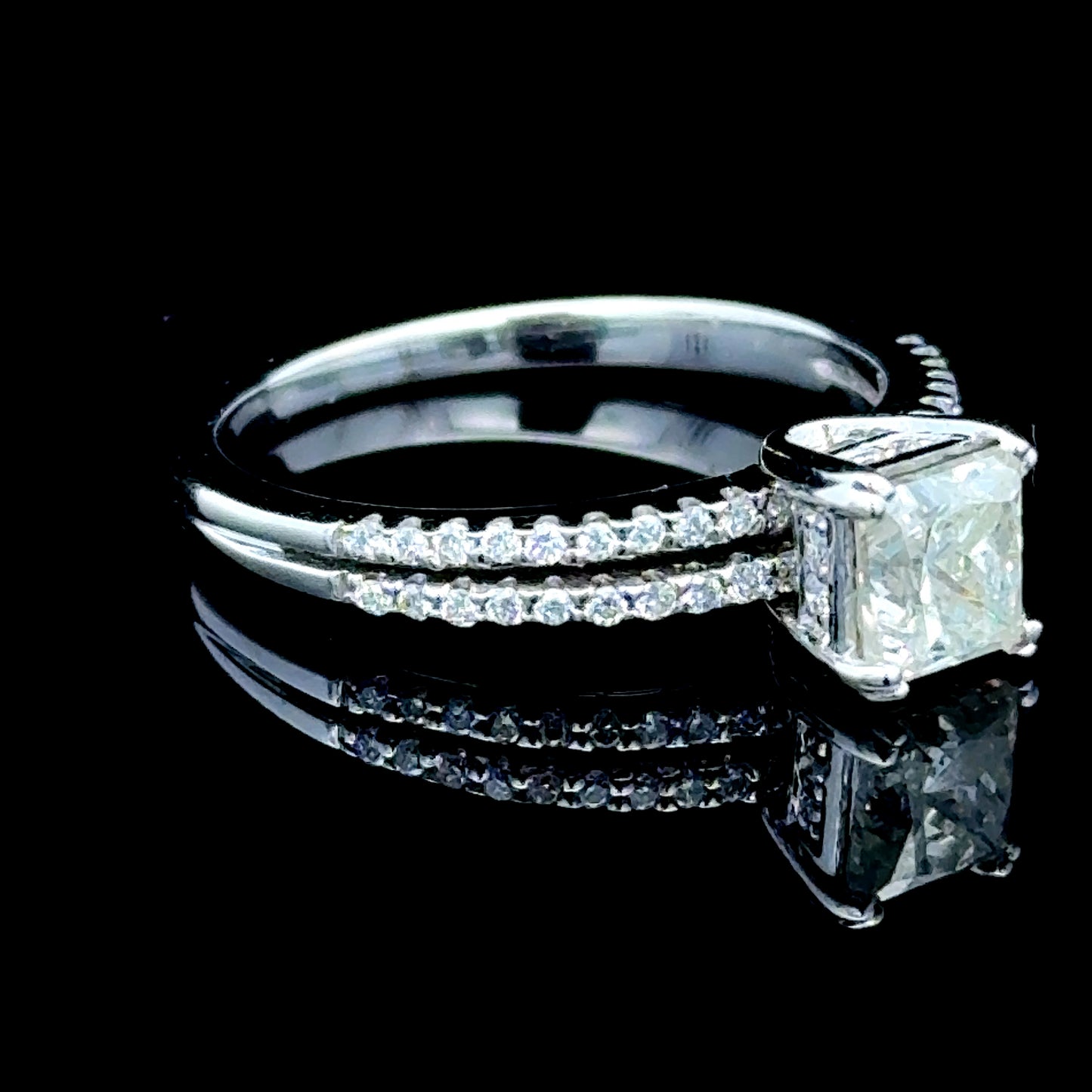 18K White Gold Princess Cut Diamond Solitaire Ring With Diamond Shoulders APPX 1.0 CTS Centre