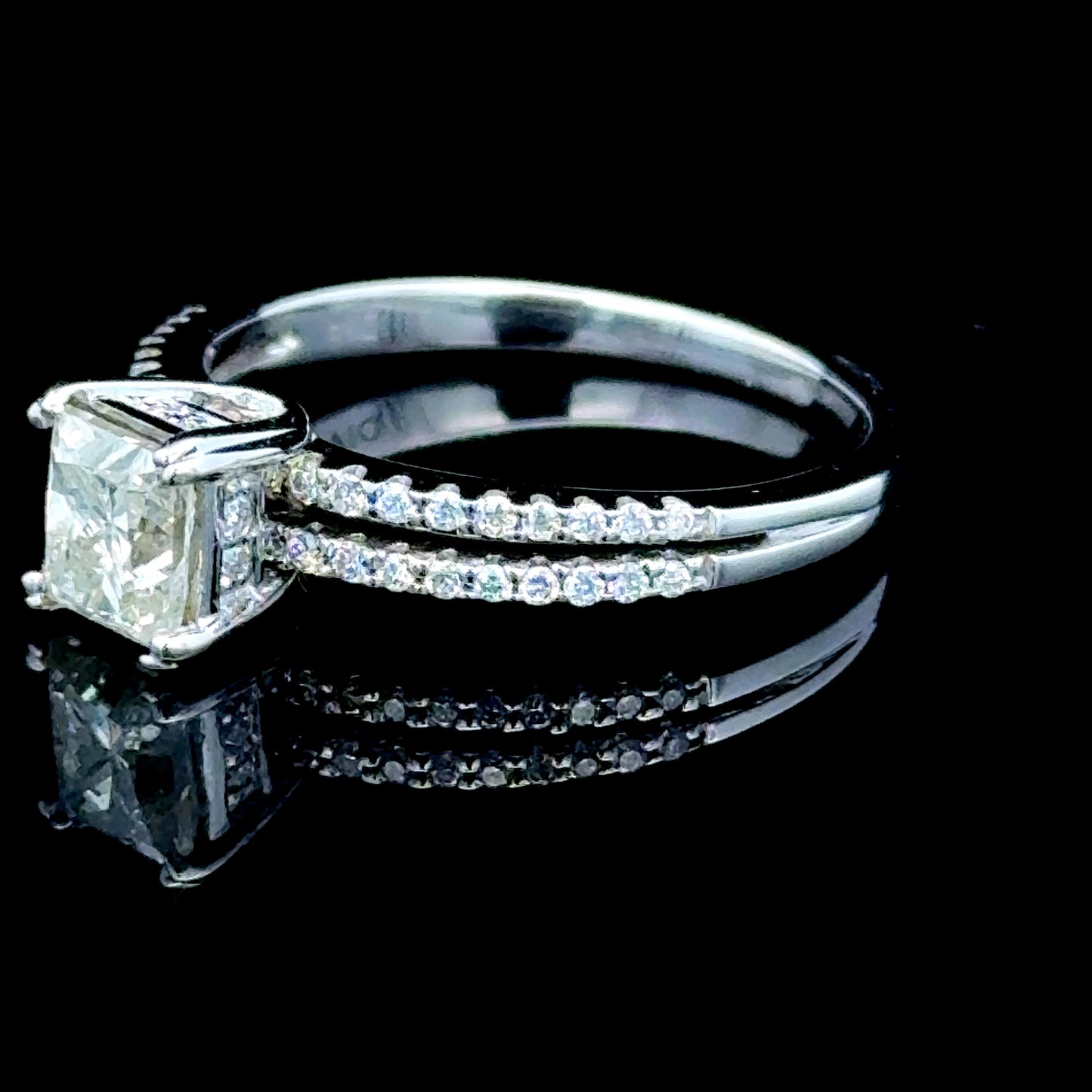 18K White Gold Princess Cut Diamond Solitaire Ring With Diamond Shoulders APPX 1.0 CTS Centre