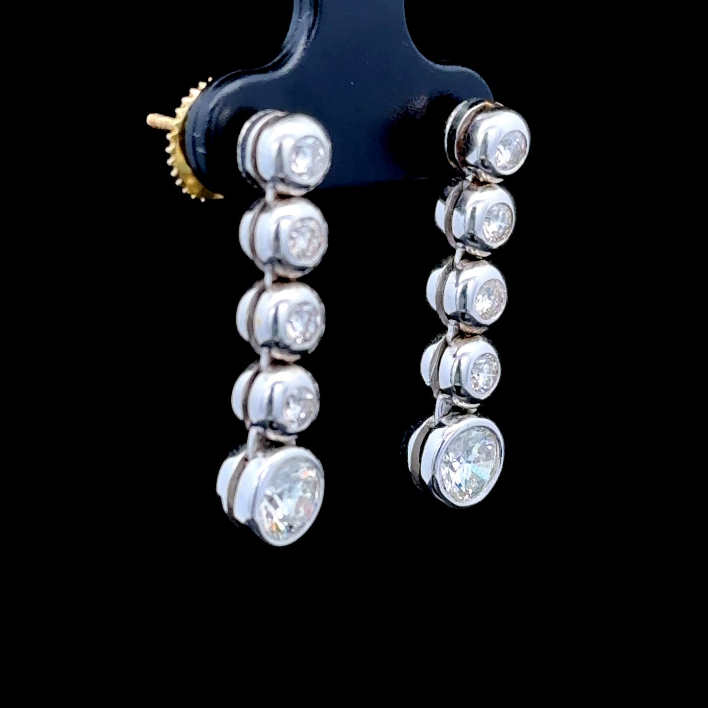 18K White Gold Bezel Set 5 Stone Diamond Earrings APPX 1.8 CTS