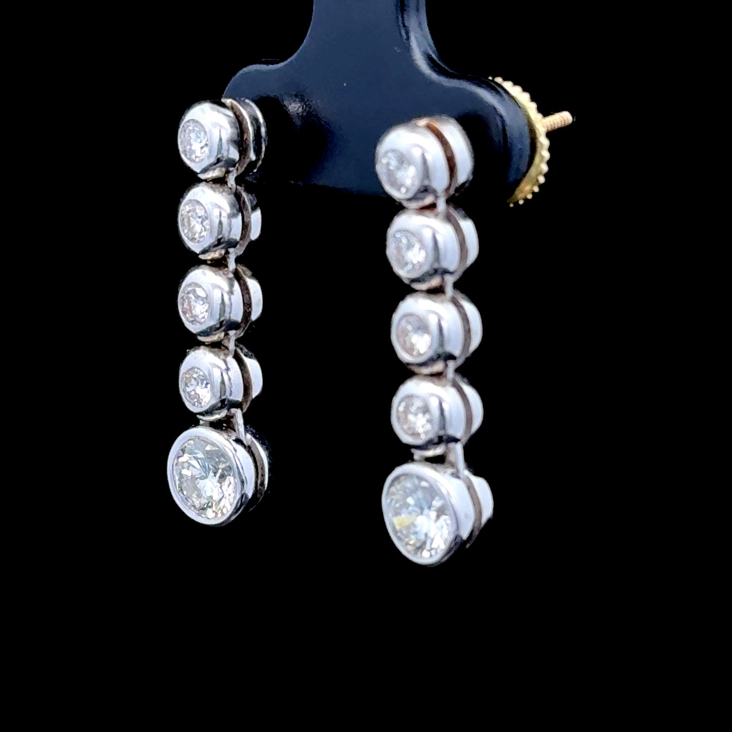 18K White Gold Bezel Set 5 Stone Diamond Earrings APPX 1.8 CTS