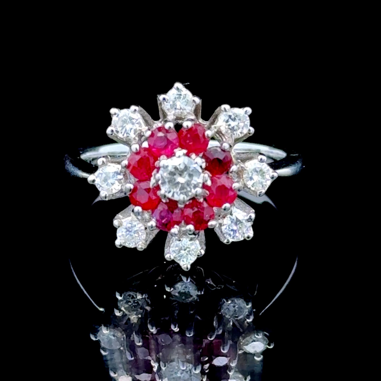 18K White Gold Ruby & Diamond Snowflake Ring
