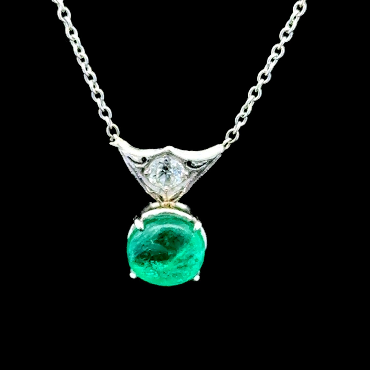 14K White Gold Cabochon Emerald & Diamond Necklace