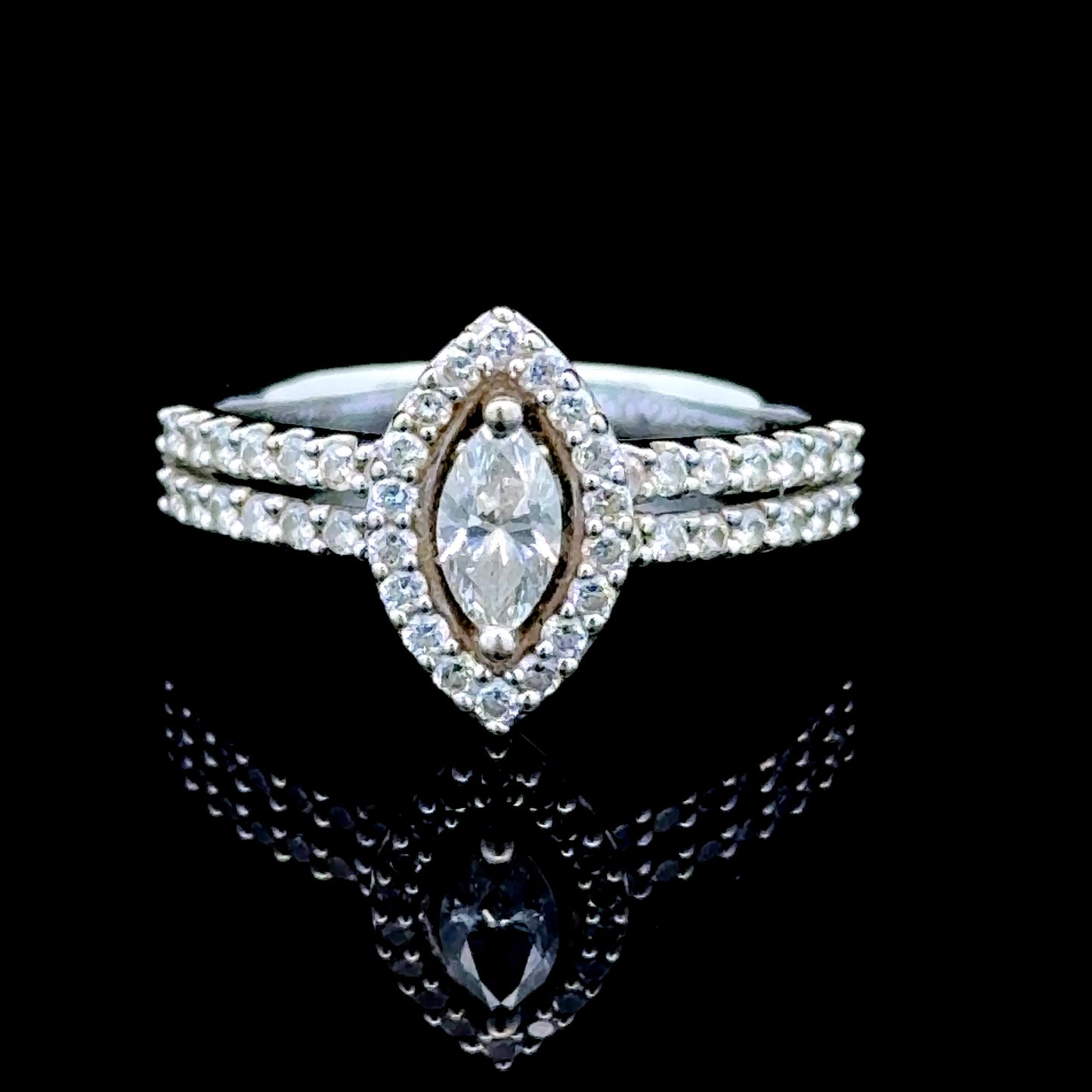 18K White Gold Marquise Diamond Double Row Shank Ring
