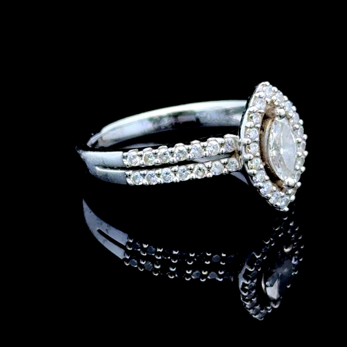 18K White Gold Marquise Diamond Double Row Shank Ring