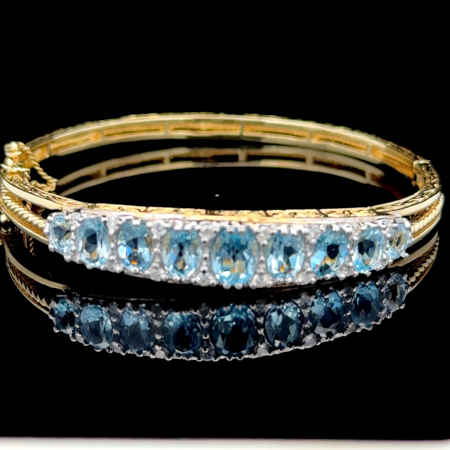 9K Yellow Gold Aquamarine & Diamond Bangle