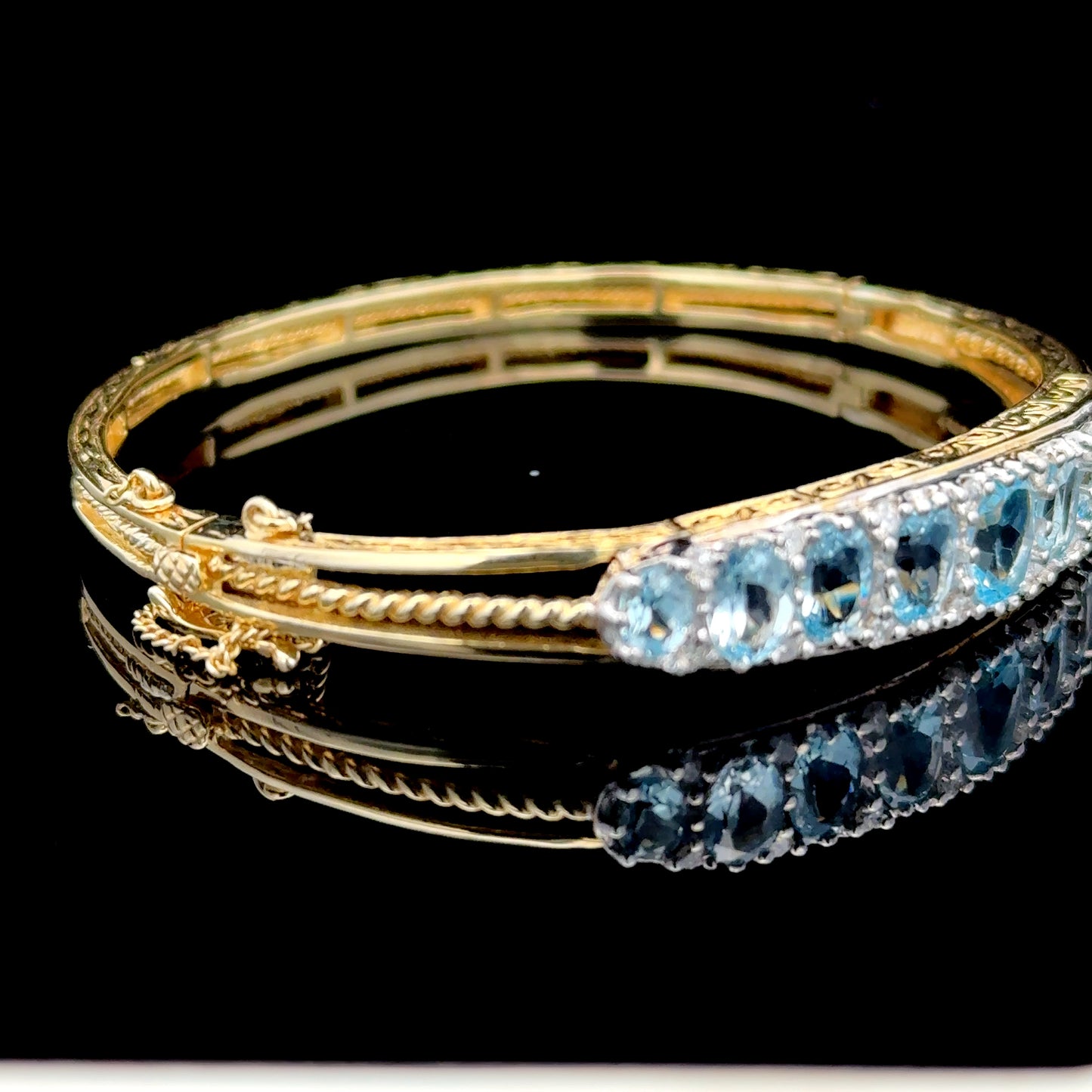 9K Yellow Gold Aquamarine & Diamond Bangle