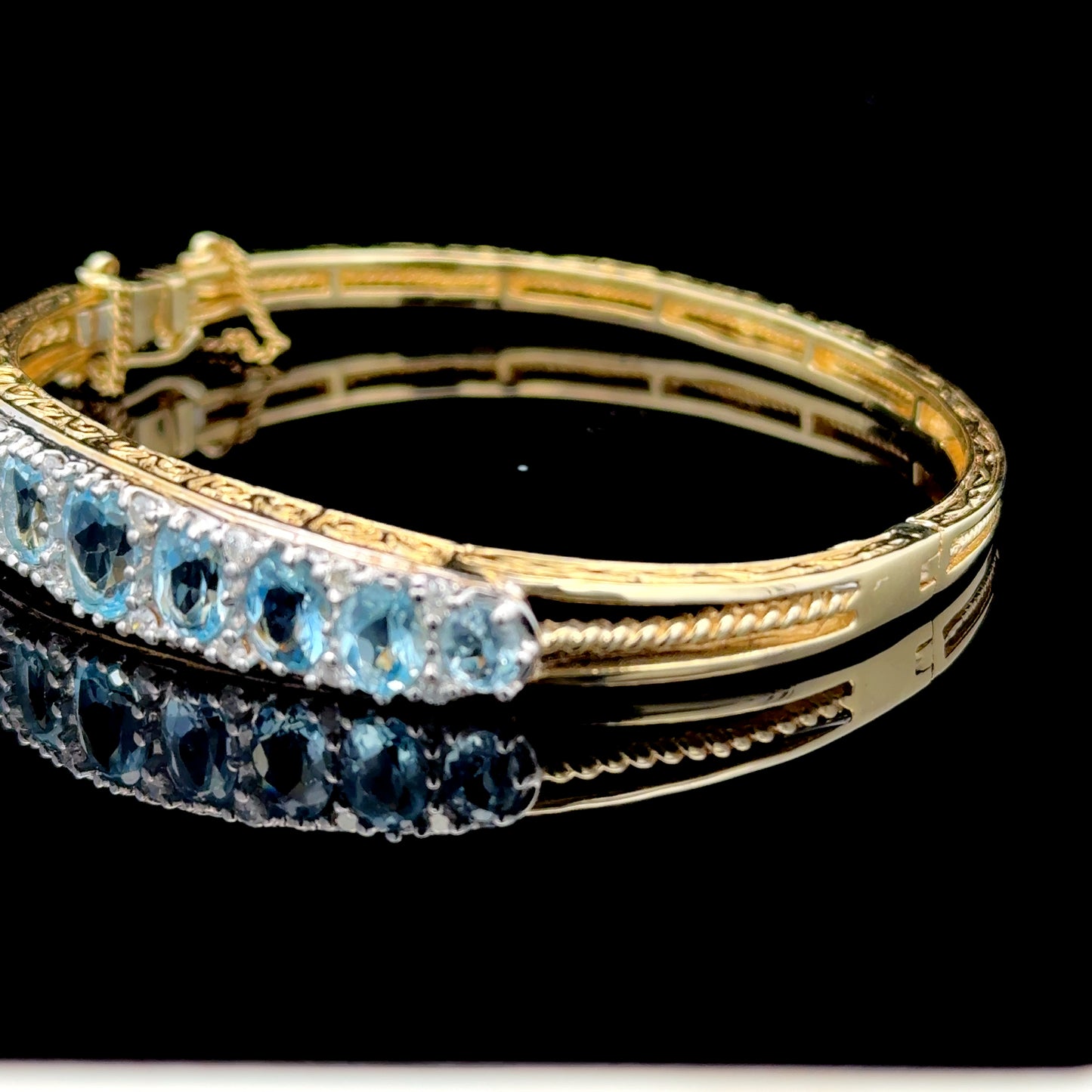 9K Yellow Gold Aquamarine & Diamond Bangle