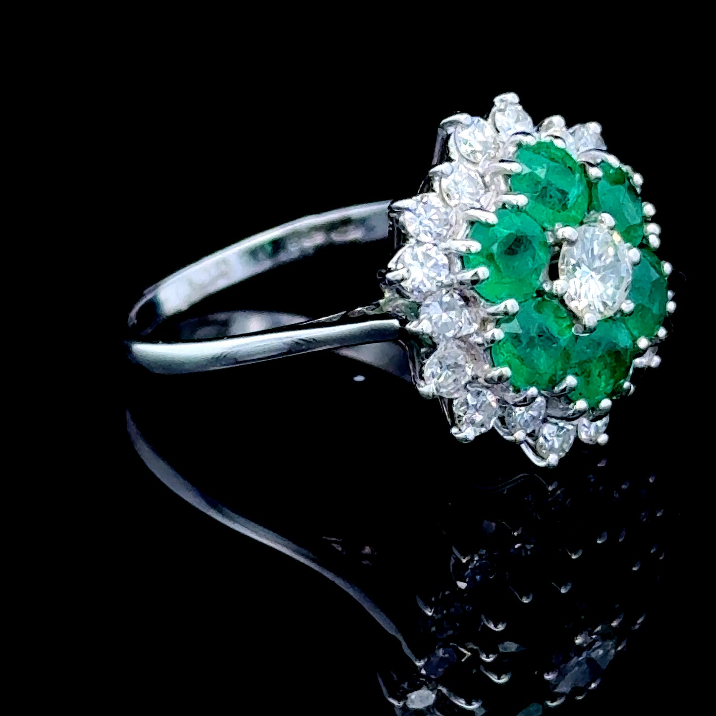 18K White Gold Emerald & Diamond Cluster APPX 0.75 CTS