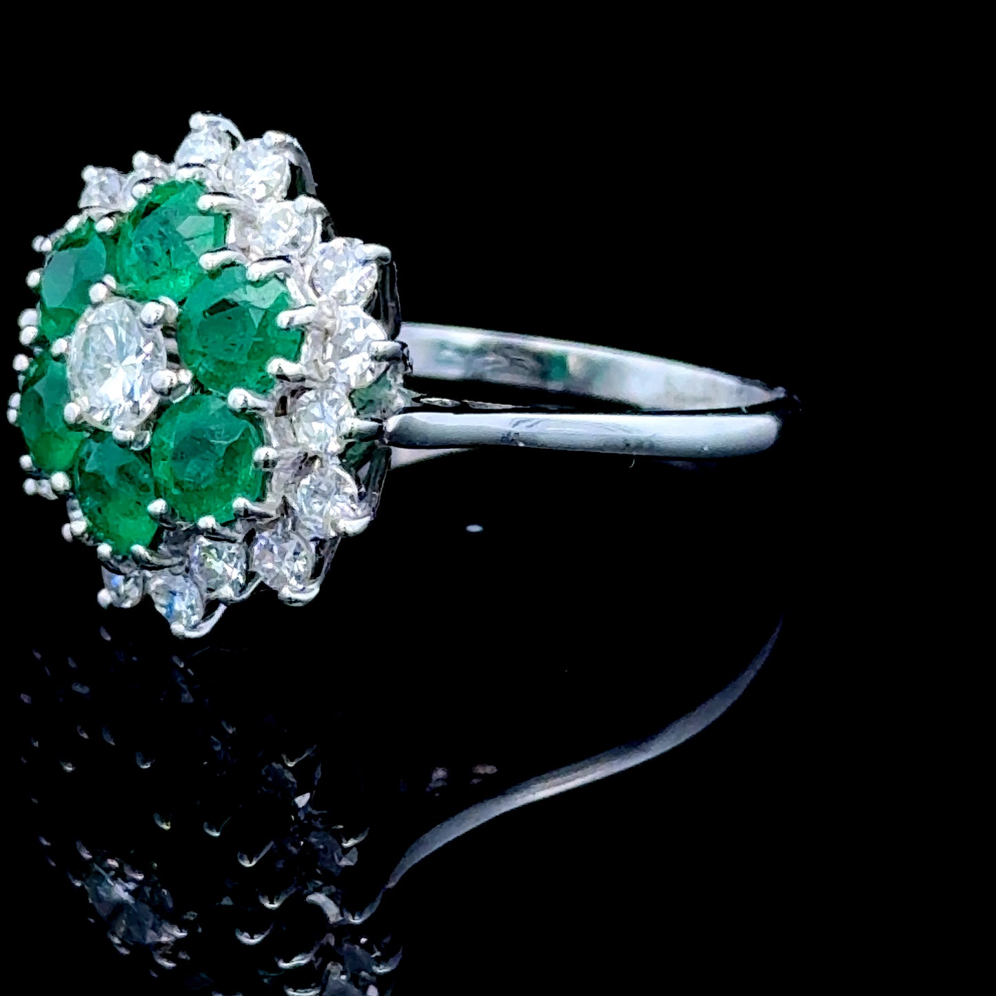 18K White Gold Emerald & Diamond Cluster APPX 0.75 CTS