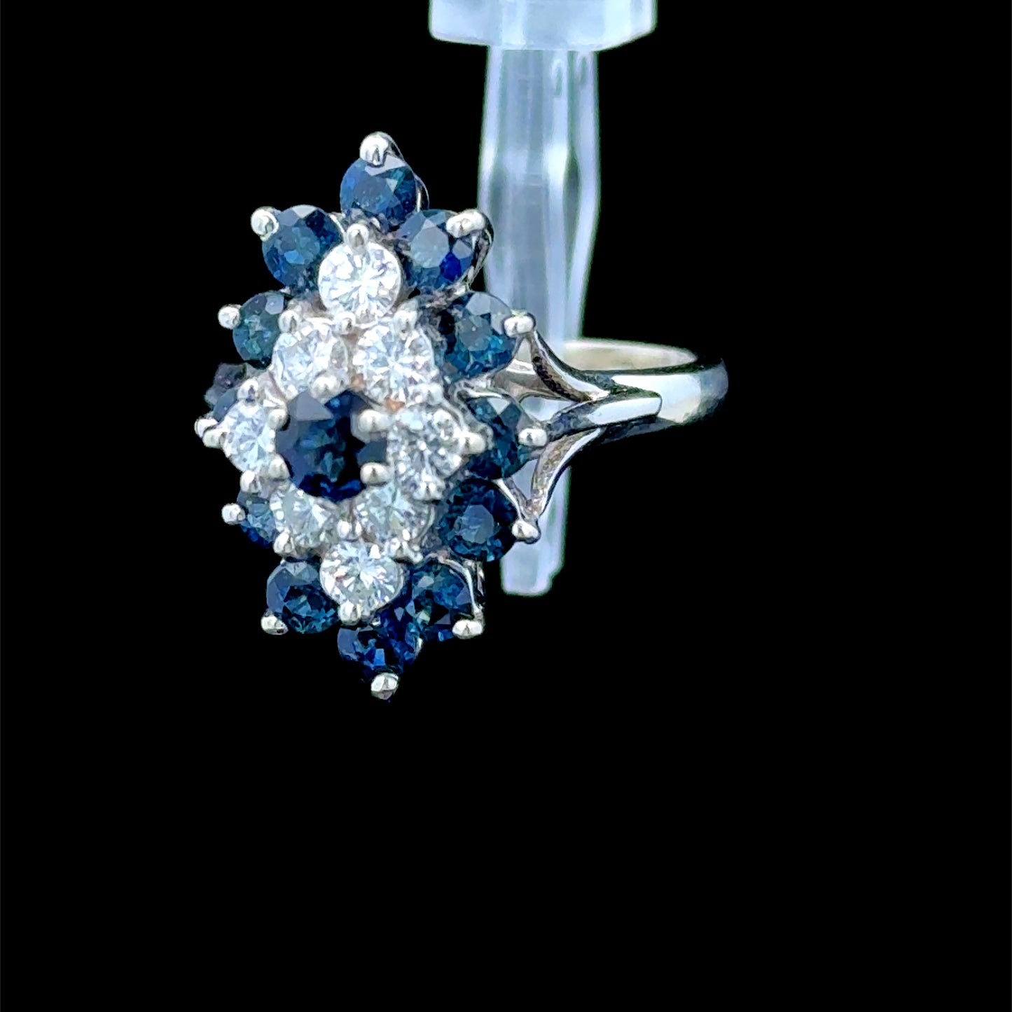 14K White Gold Diamond & Sapphire Cluster Ring
