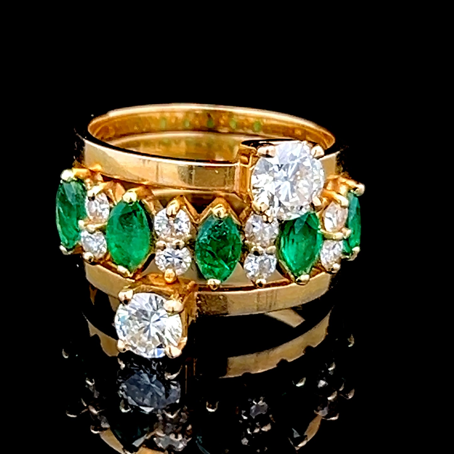 18K Yellow Gold Diamond & Emerald 3 Row Ring APPX 1.5 CTS