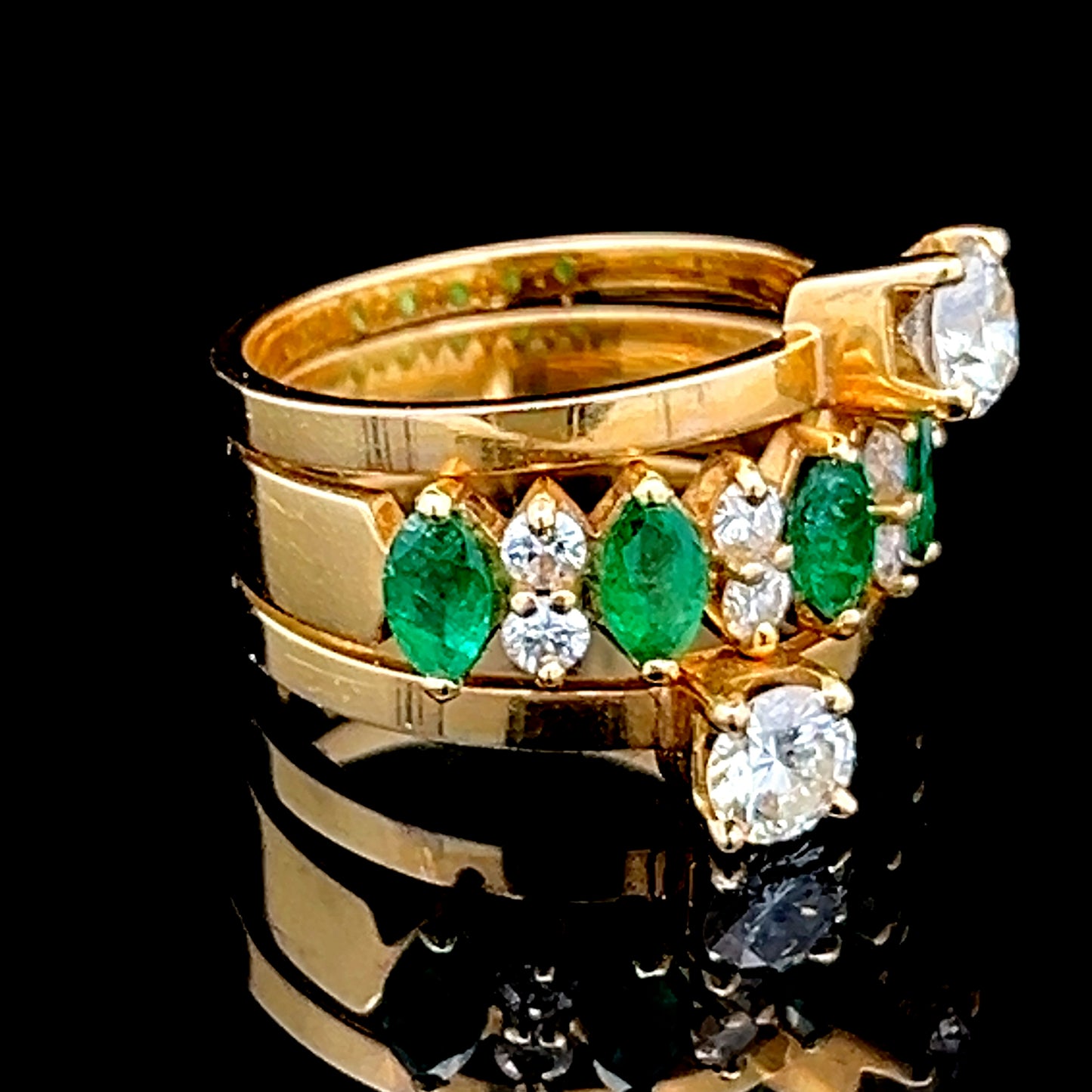 18K Yellow Gold Diamond & Emerald 3 Row Ring APPX 1.5 CTS