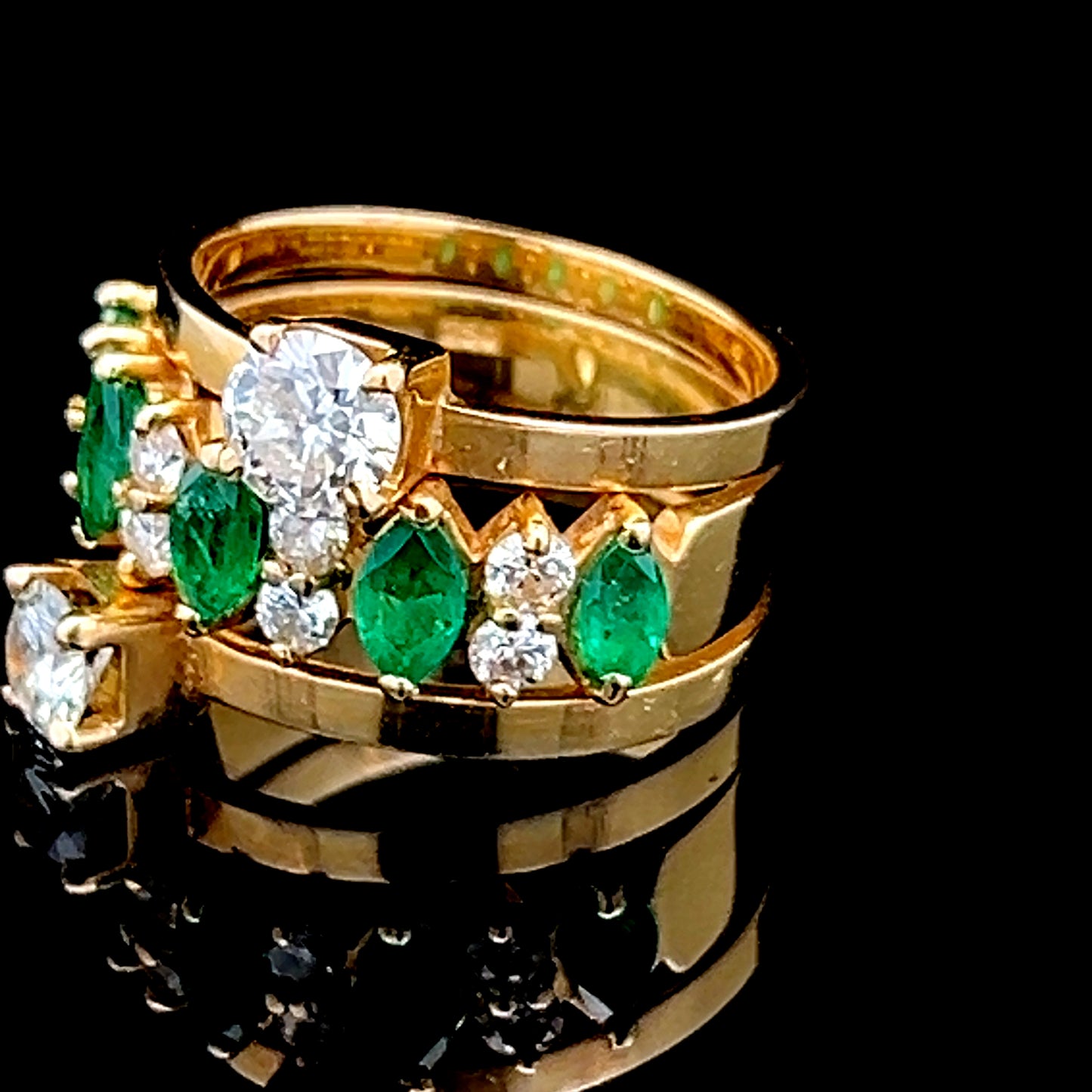 18K Yellow Gold Diamond & Emerald 3 Row Ring APPX 1.5 CTS