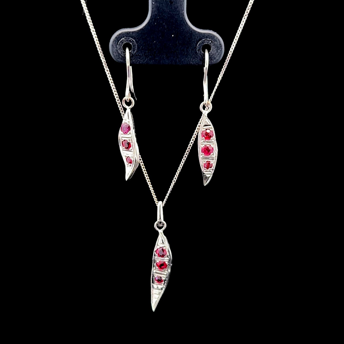 18K White Gold Ruby Leaf Style Pendant & Earring Set with 9K White Gold Chain