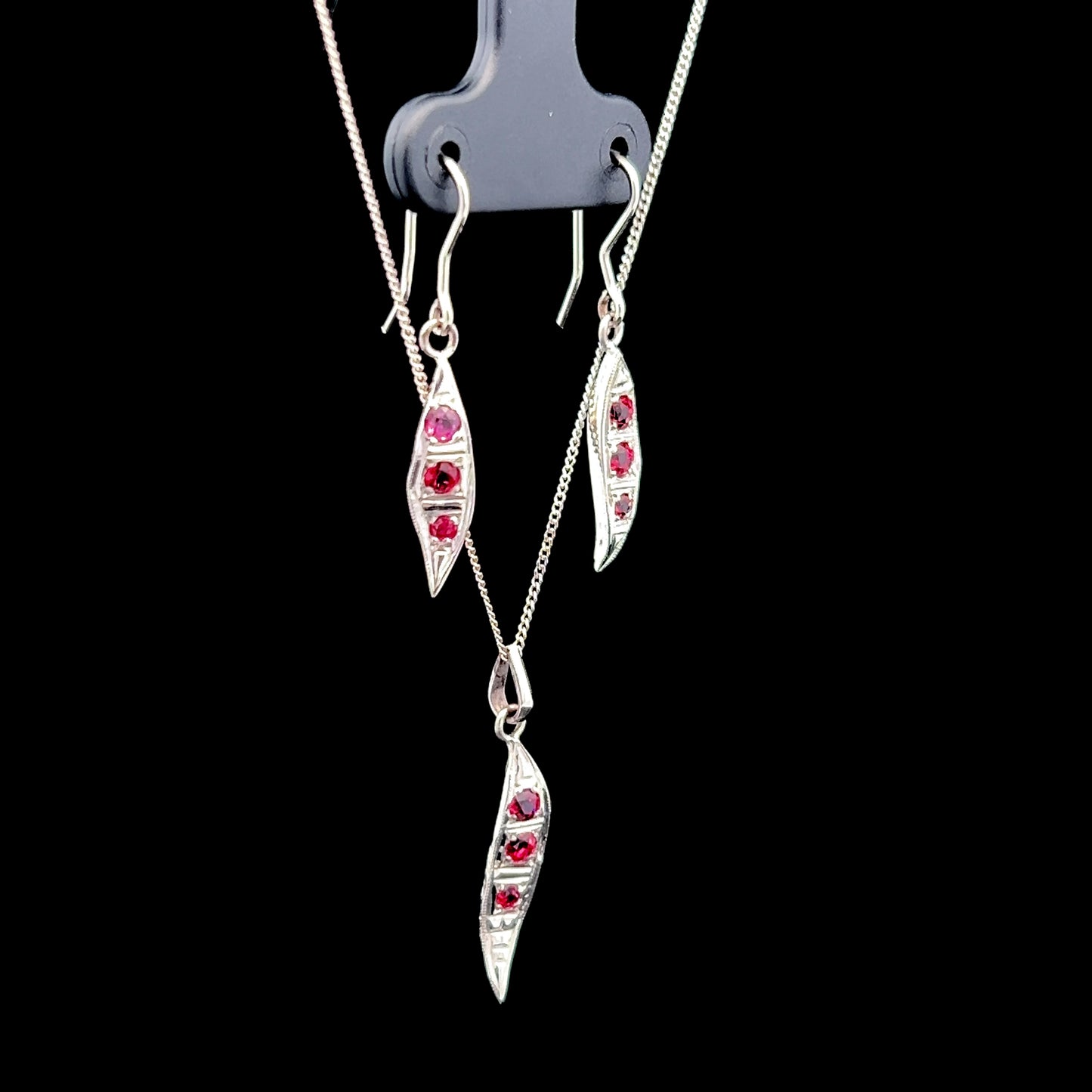 18K White Gold Ruby Leaf Style Pendant & Earring Set with 9K White Gold Chain