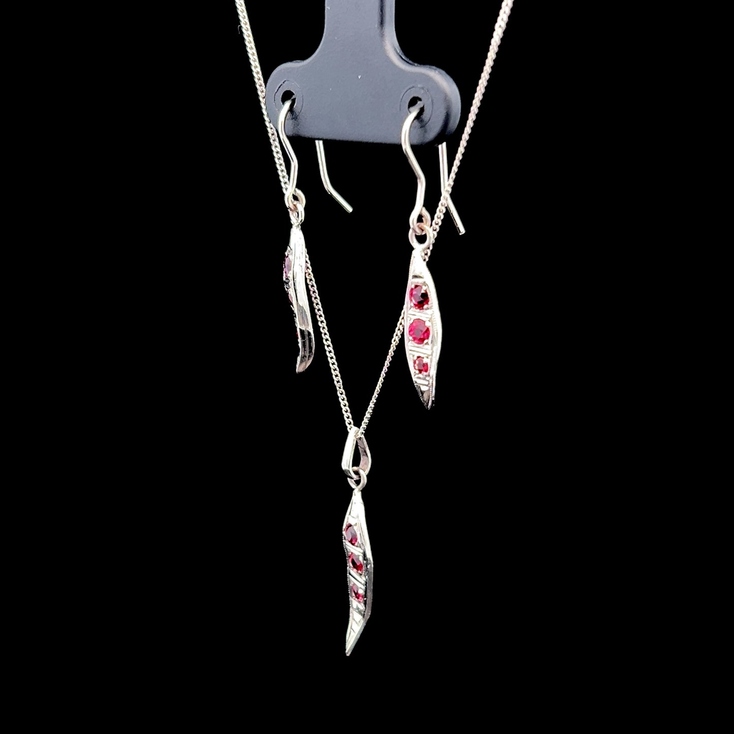 18K White Gold Ruby Leaf Style Pendant & Earring Set with 9K White Gold Chain