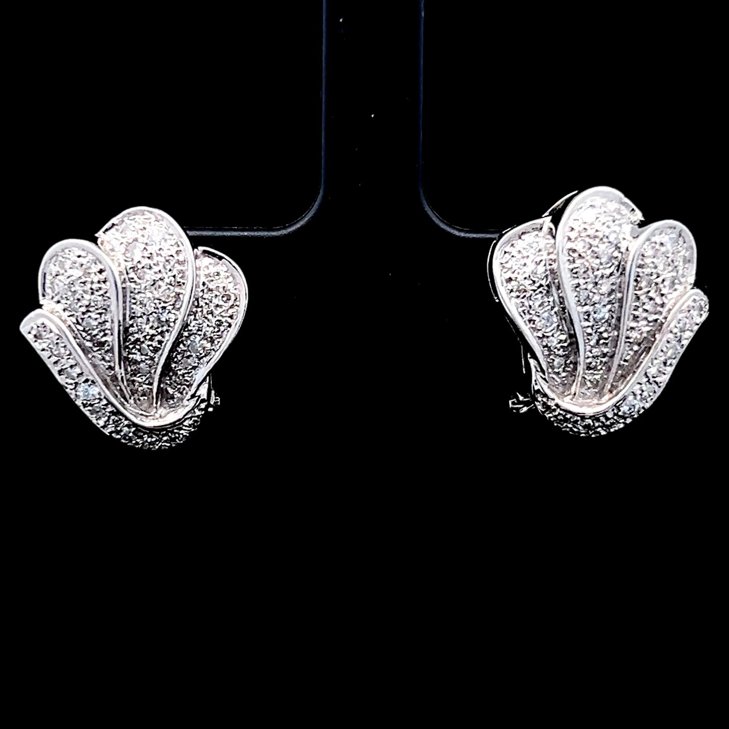 9K White Gold Pave Shell Omega Clip Earrings