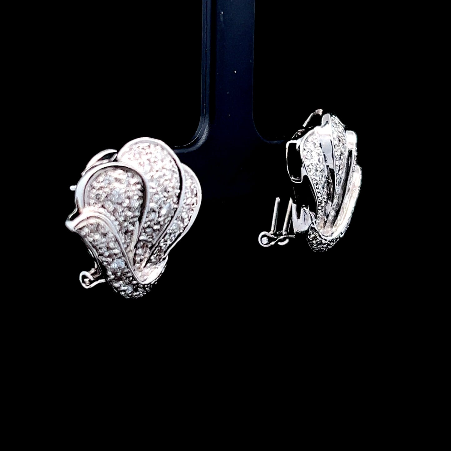 9K White Gold Pave Shell Omega Clip Earrings