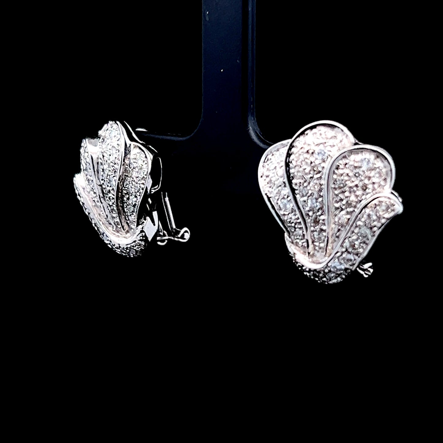 9K White Gold Pave Shell Omega Clip Earrings