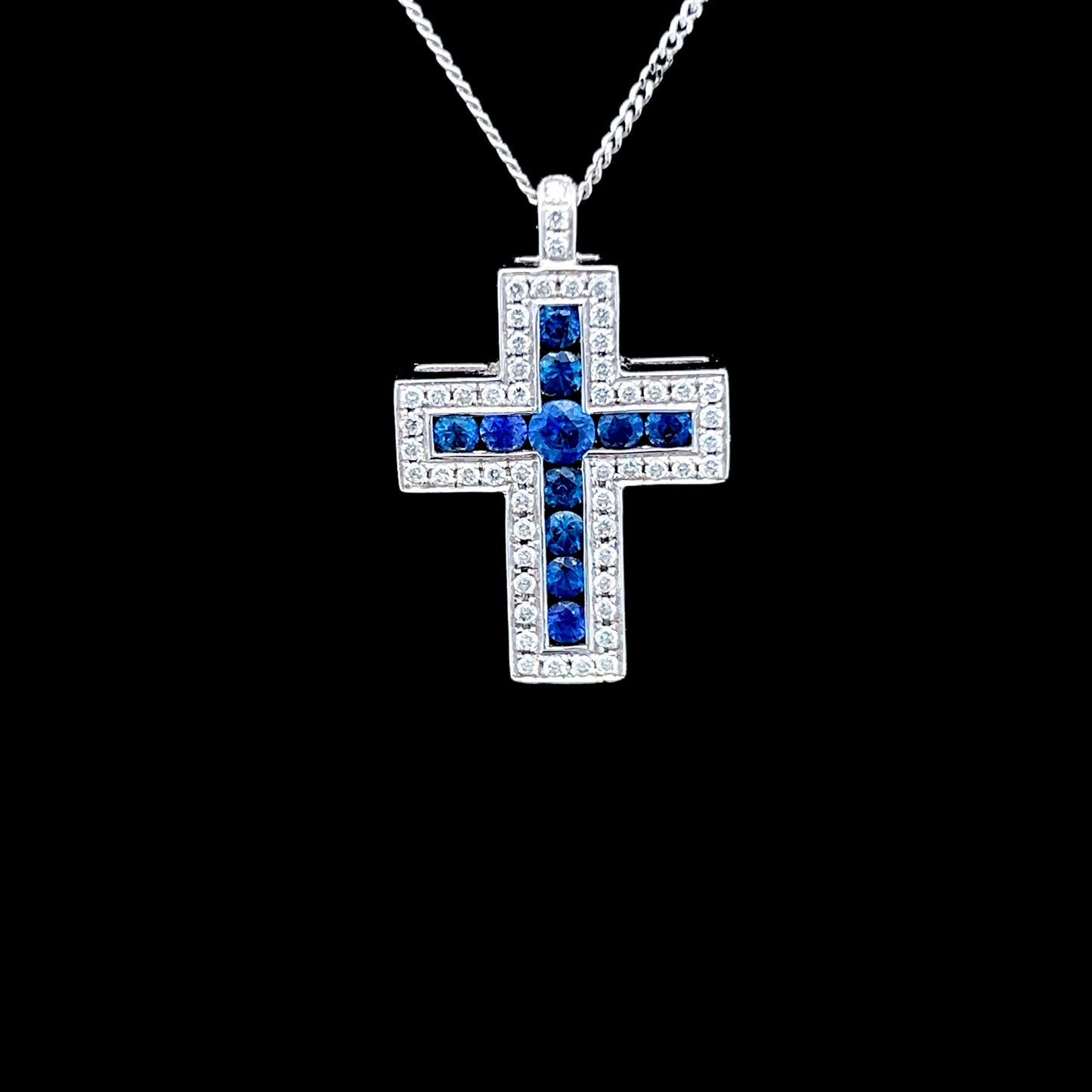18K White Gold Sapphire & Diamond Cross Pendant & Chain