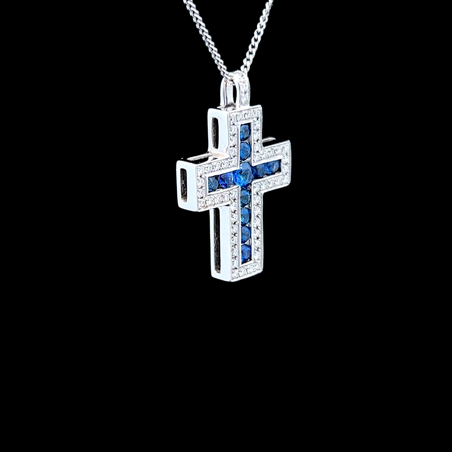 18K White Gold Sapphire & Diamond Cross Pendant & Chain