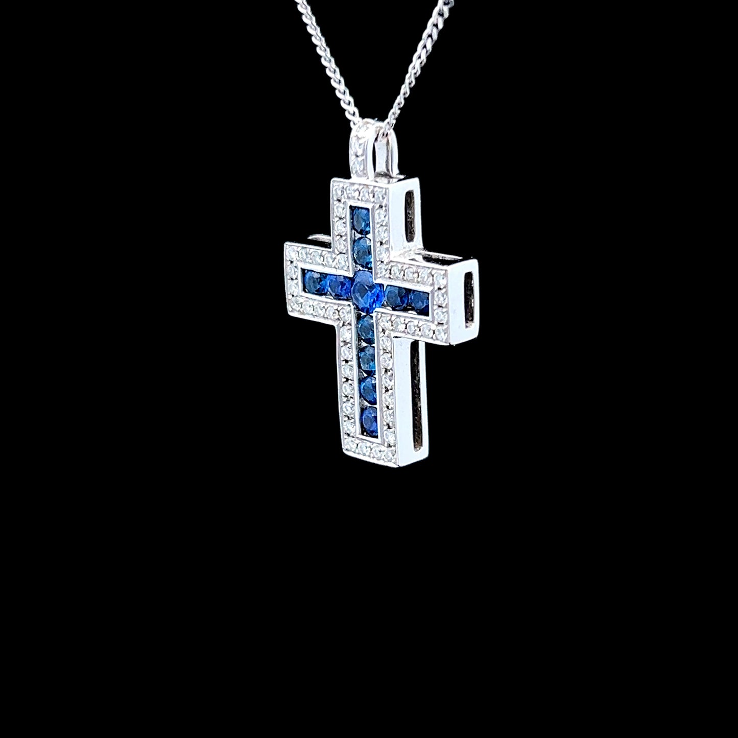 18K White Gold Sapphire & Diamond Cross Pendant & Chain