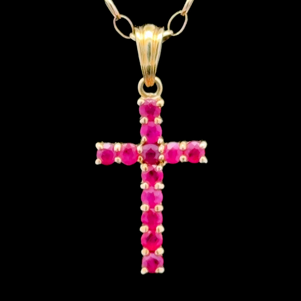 Yellow Gold Charm Necklace with Ruby Cross Pendant