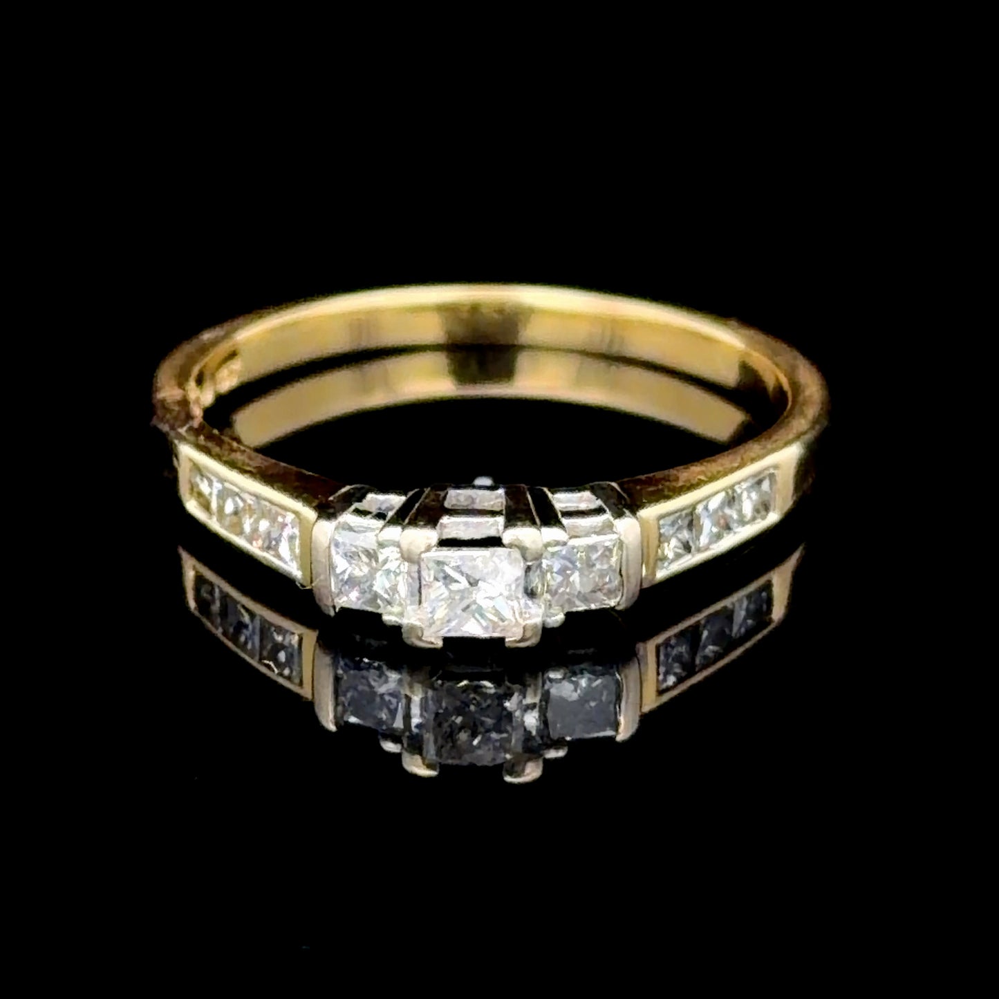 18K Yellow Gold Princess Cut 3 Stone Diamond Ring With Diamonds To Shoulders APPX 0.6 CTS