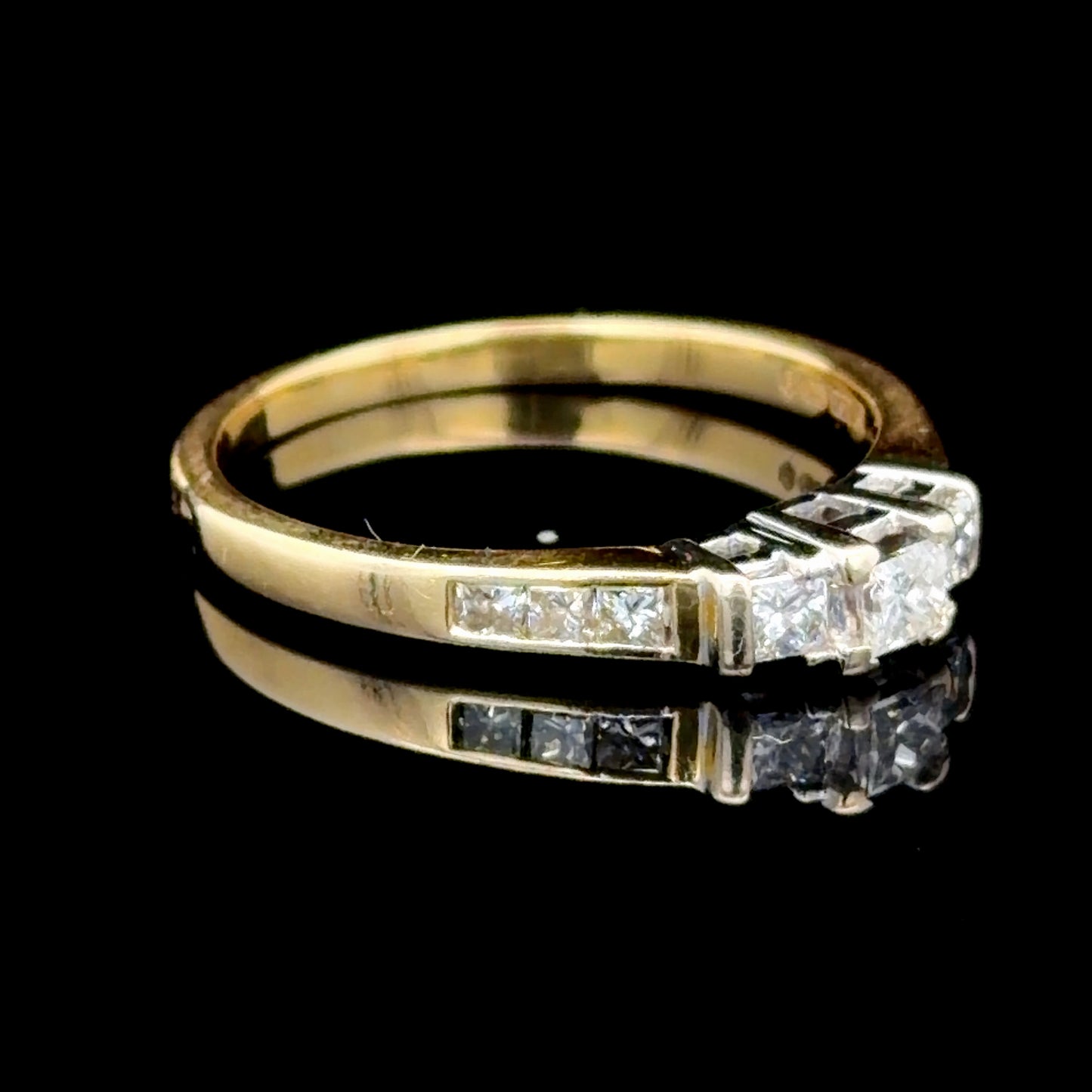 18K Yellow Gold Princess Cut 3 Stone Diamond Ring With Diamonds To Shoulders APPX 0.6 CTS