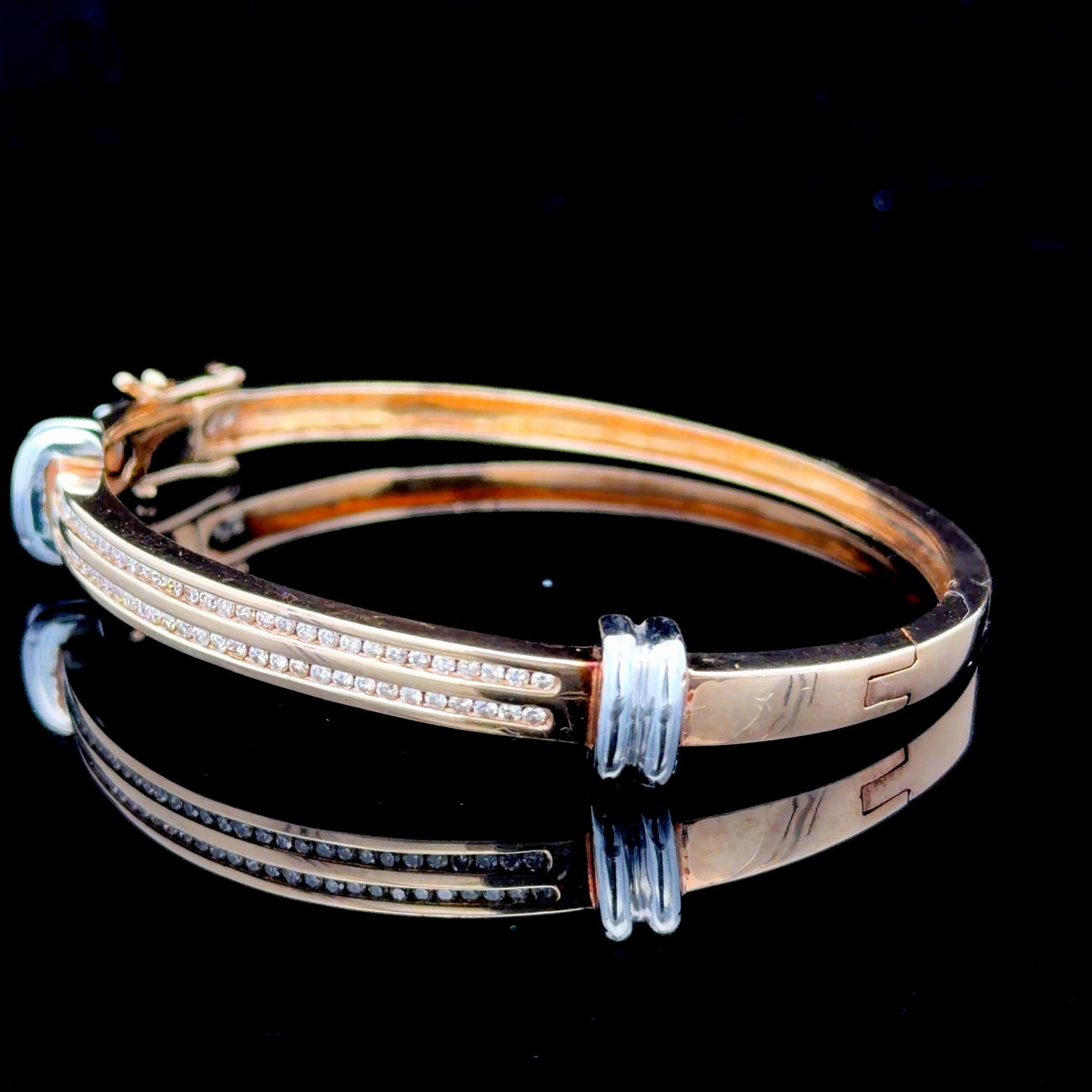 9K Yellow Gold / White Gold Channel Set Diamond Bangle APPX 1.0 CTS