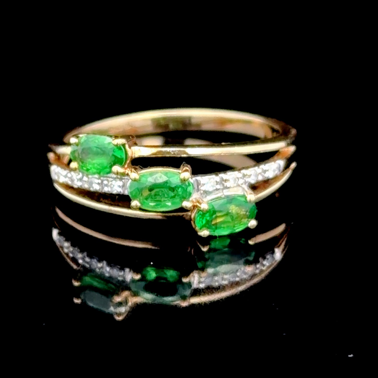 9K Yellow Gold 3 Stone Emerald & Diamond Ring