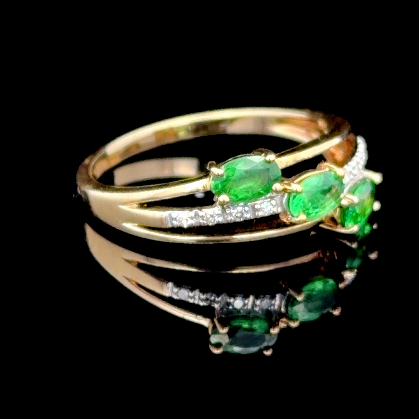 9K Yellow Gold 3 Stone Emerald & Diamond Ring