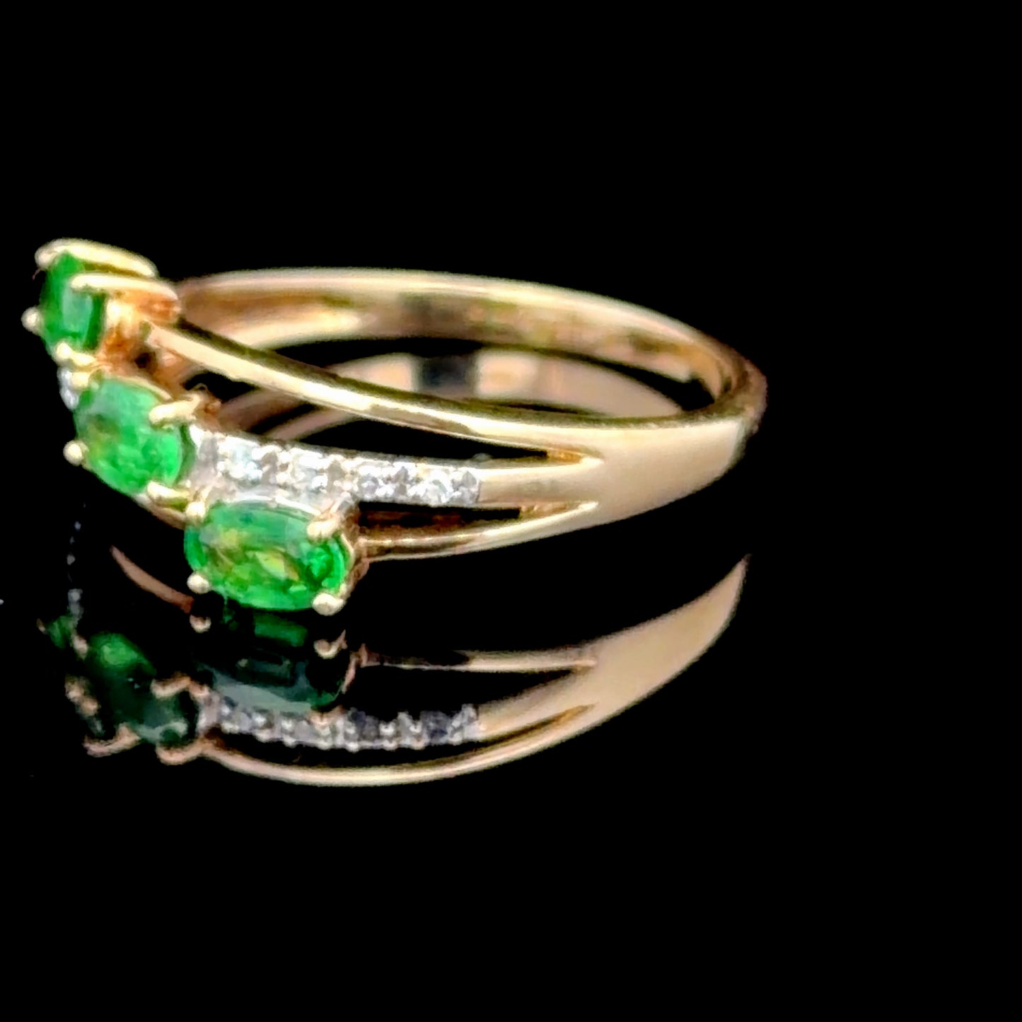 9K Yellow Gold 3 Stone Emerald & Diamond Ring