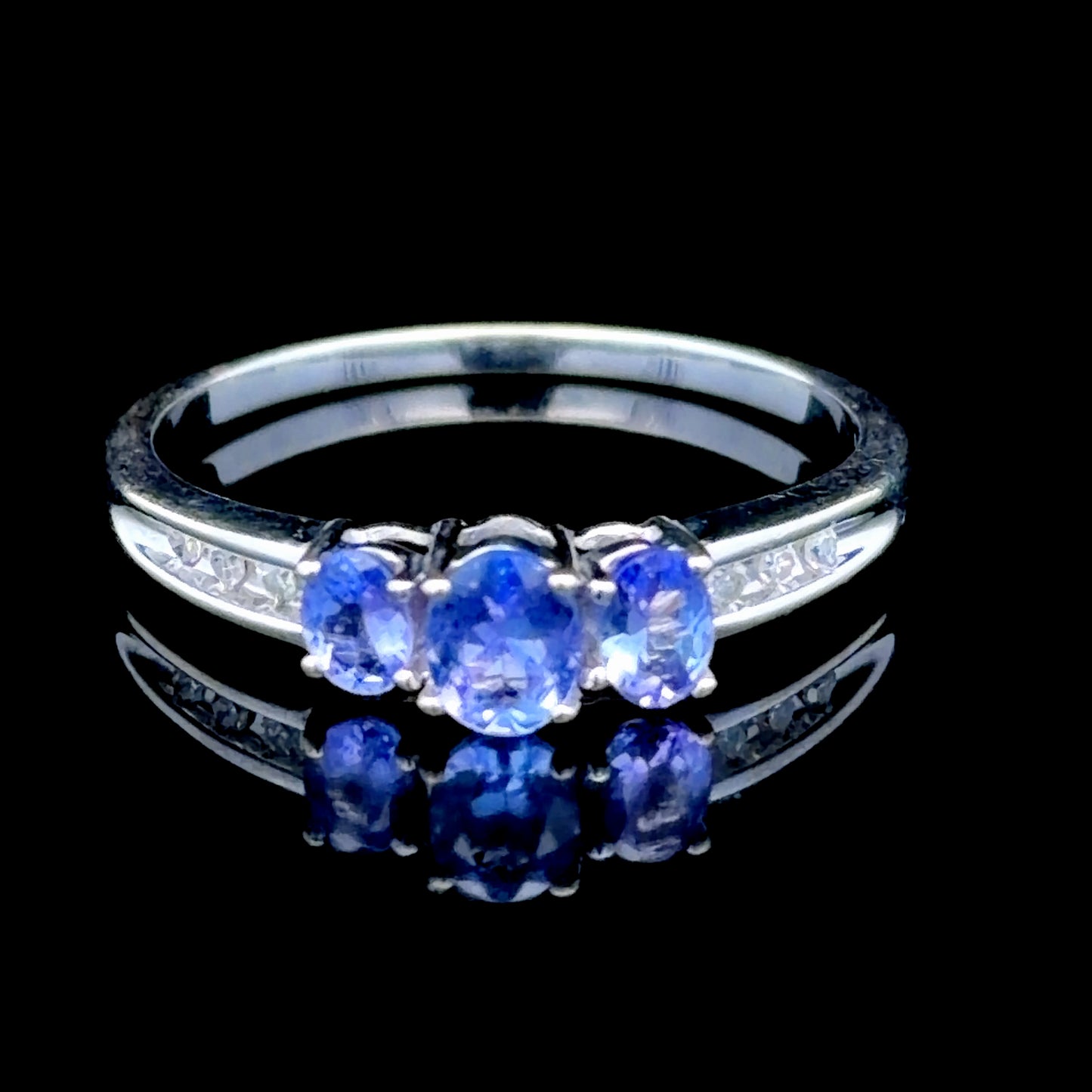 9K White Gold Tanzanite & Diamond Trilogy Ring