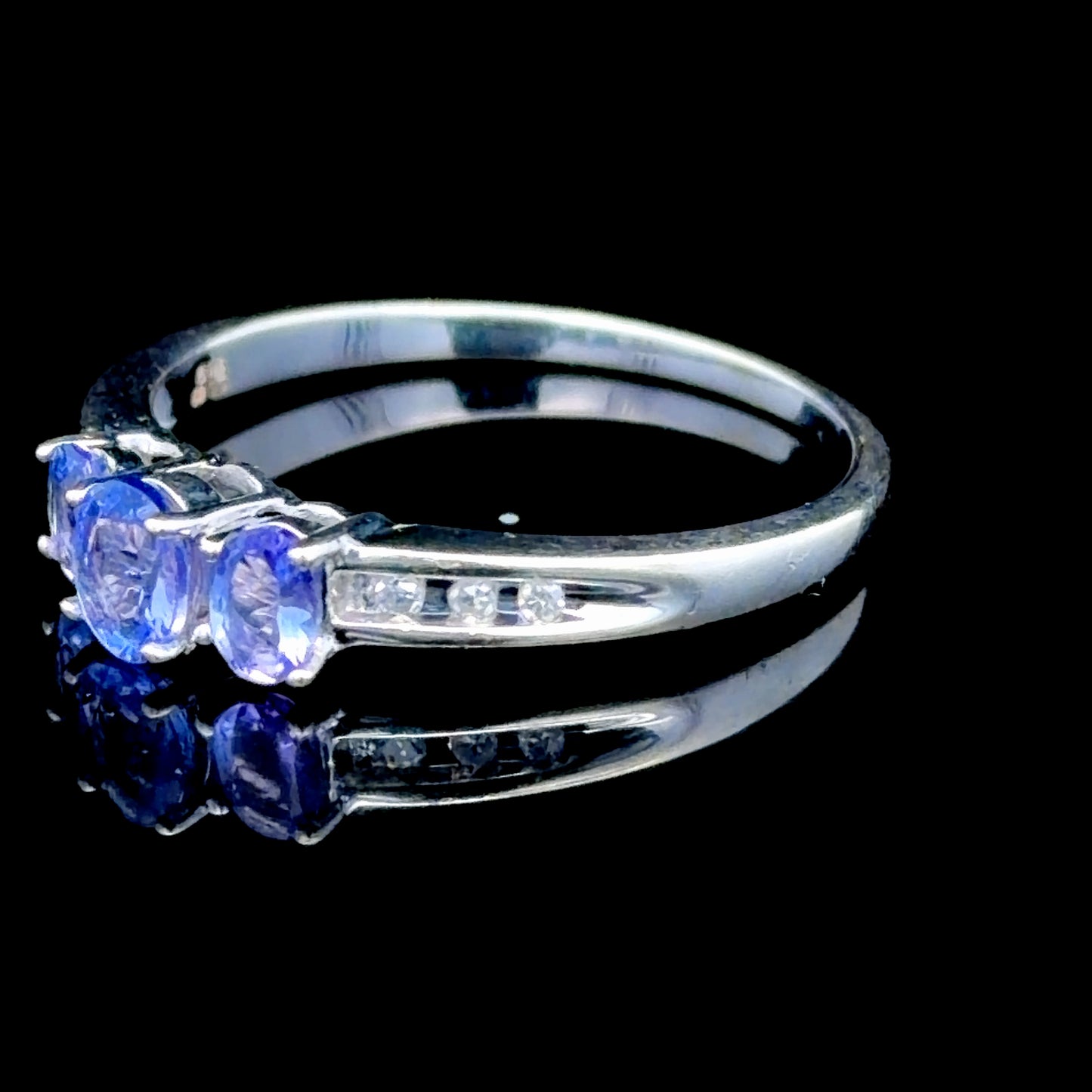 9K White Gold Tanzanite & Diamond Trilogy Ring