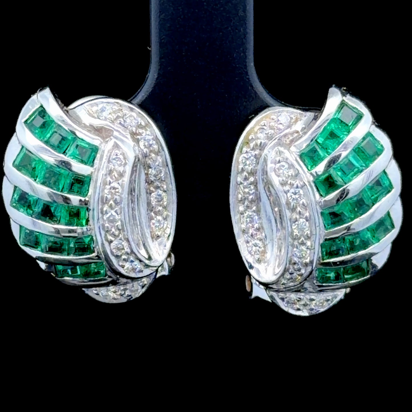 18K White Gold Emerald & Diamond Clip Stud Earrings