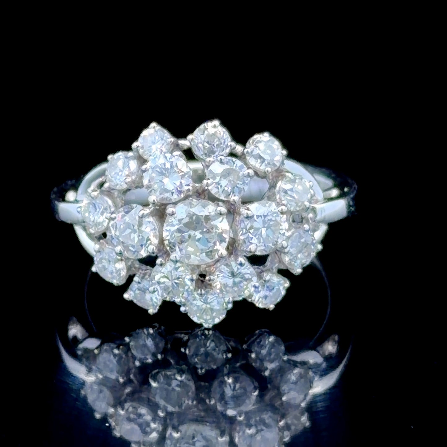 18K White Gold Diamond Cluster Ring APPX 2 CTS