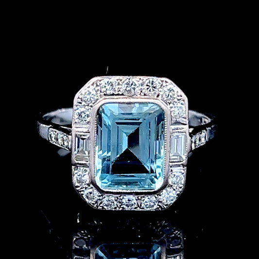 18K White Gold Aquamarine & Diamond Deco Ring