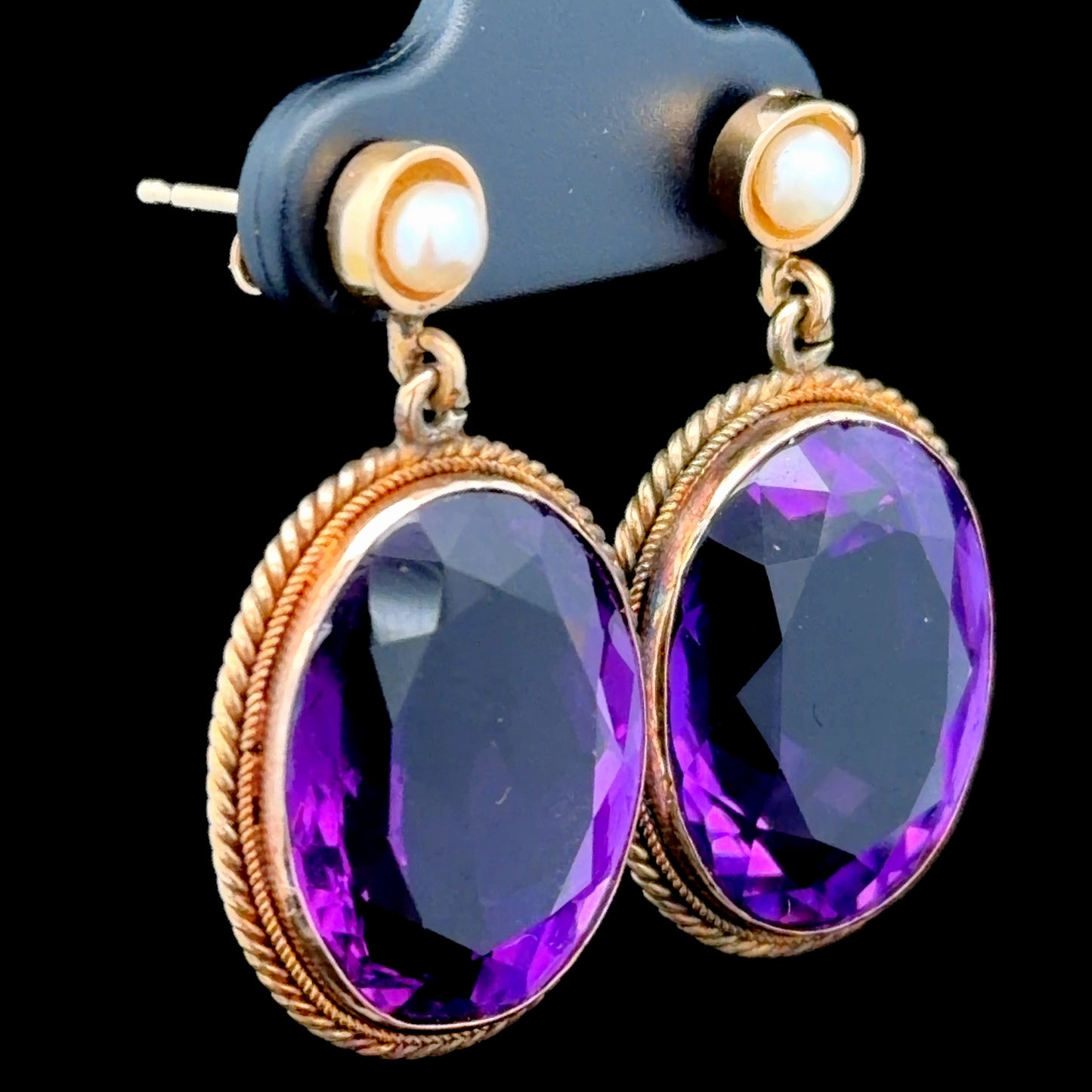 18K Yellow Gold Edwardian Pearl & Amethyst Drop Earrings