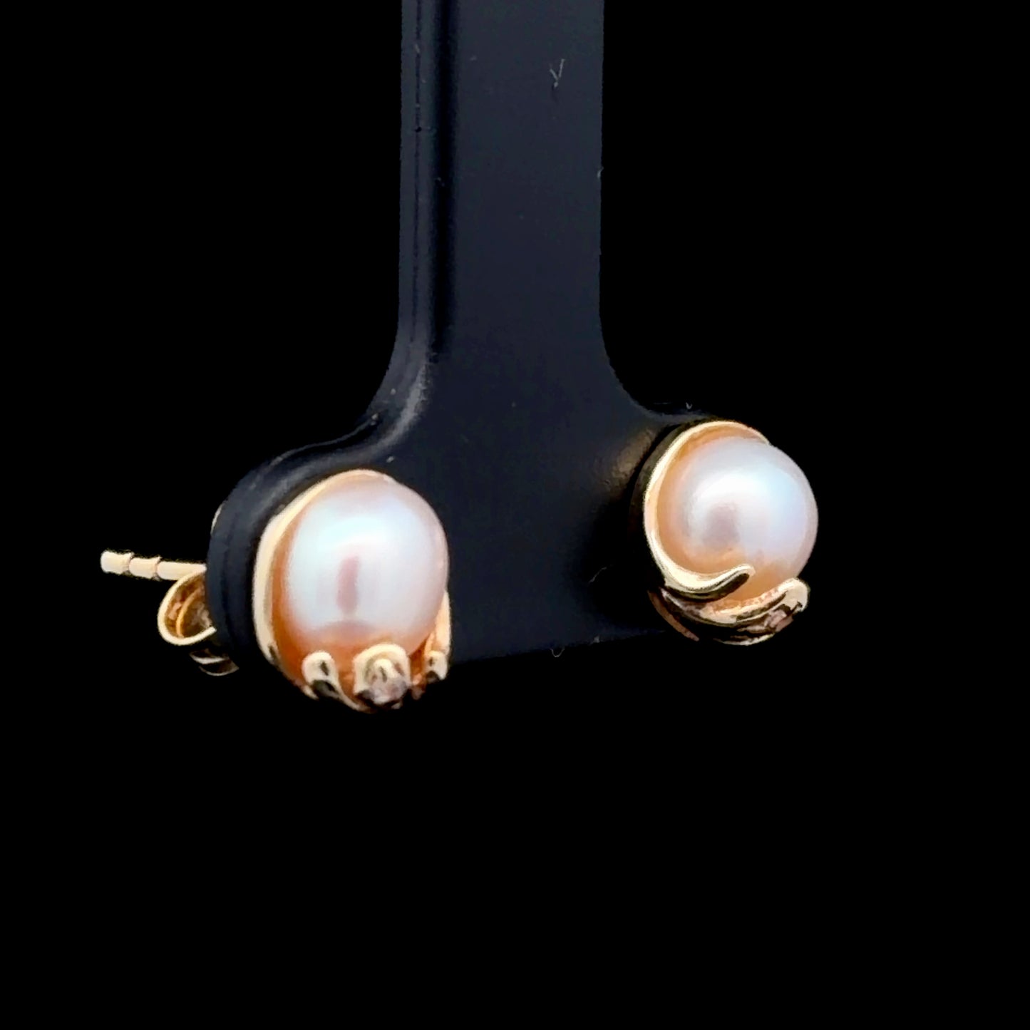 14K Yellow Gold Pink Pearl & Diamond Studs