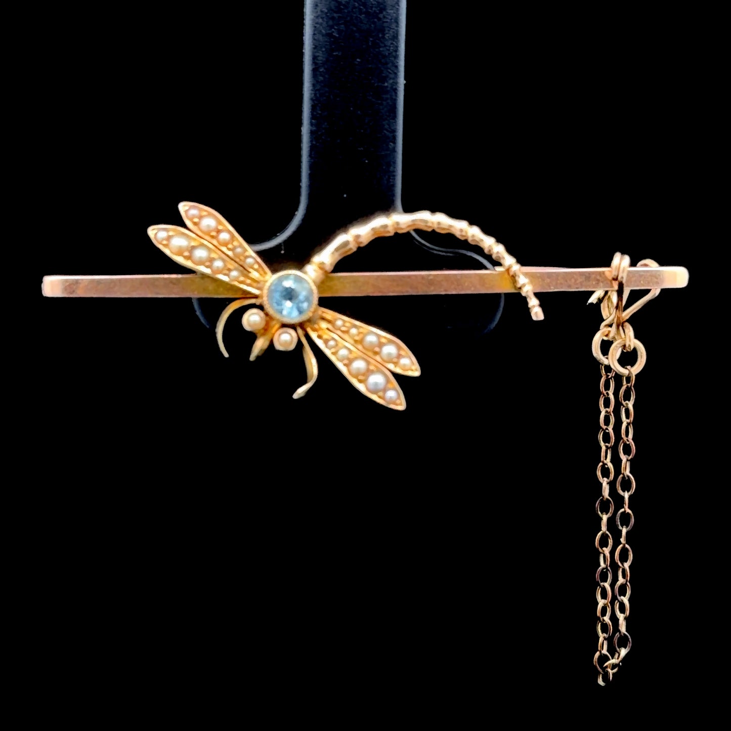 9K Yellow Gold Aquamarine & Pearl Dragonfly Brooch