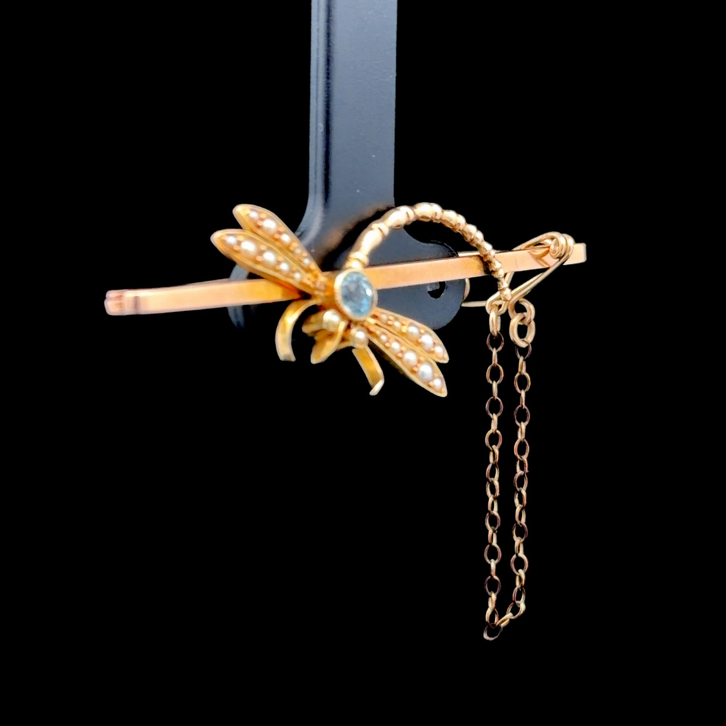 9K Yellow Gold Aquamarine & Pearl Dragonfly Brooch
