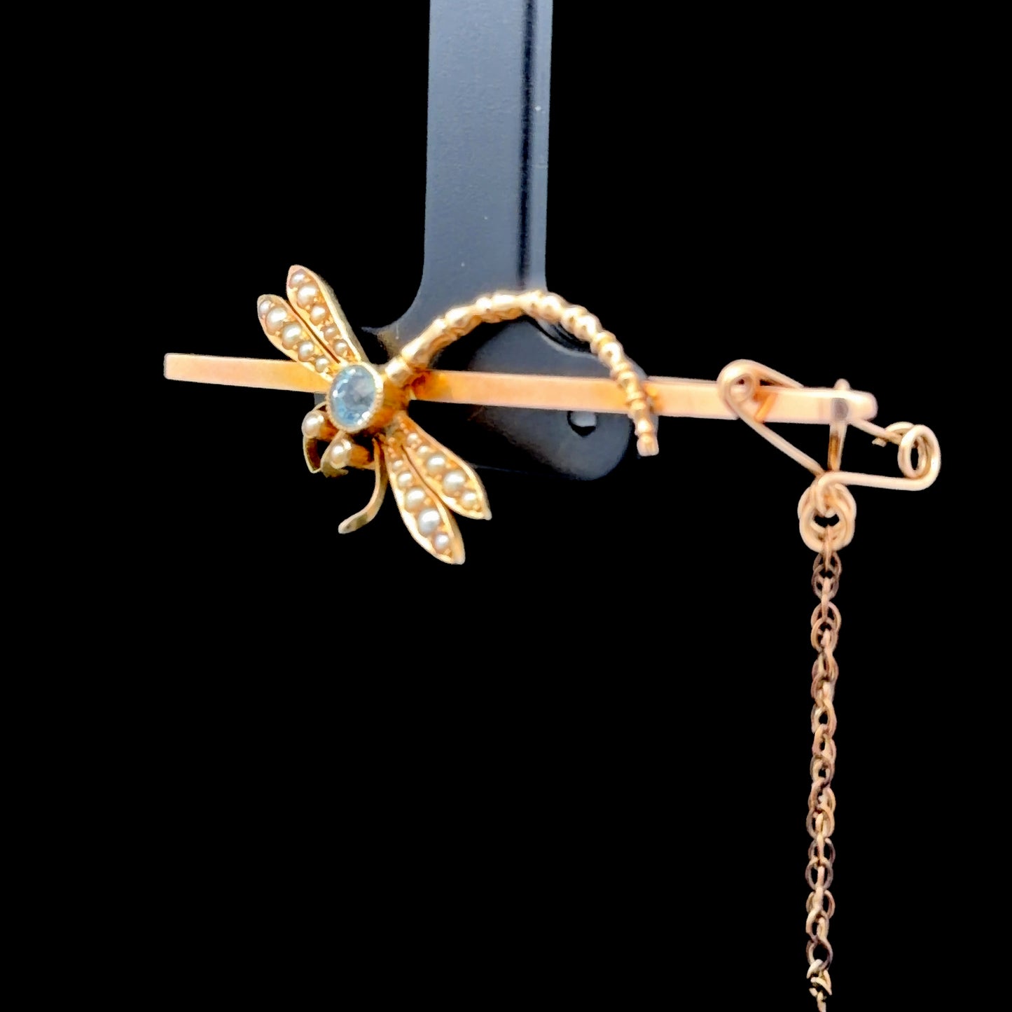 9K Yellow Gold Aquamarine & Pearl Dragonfly Brooch