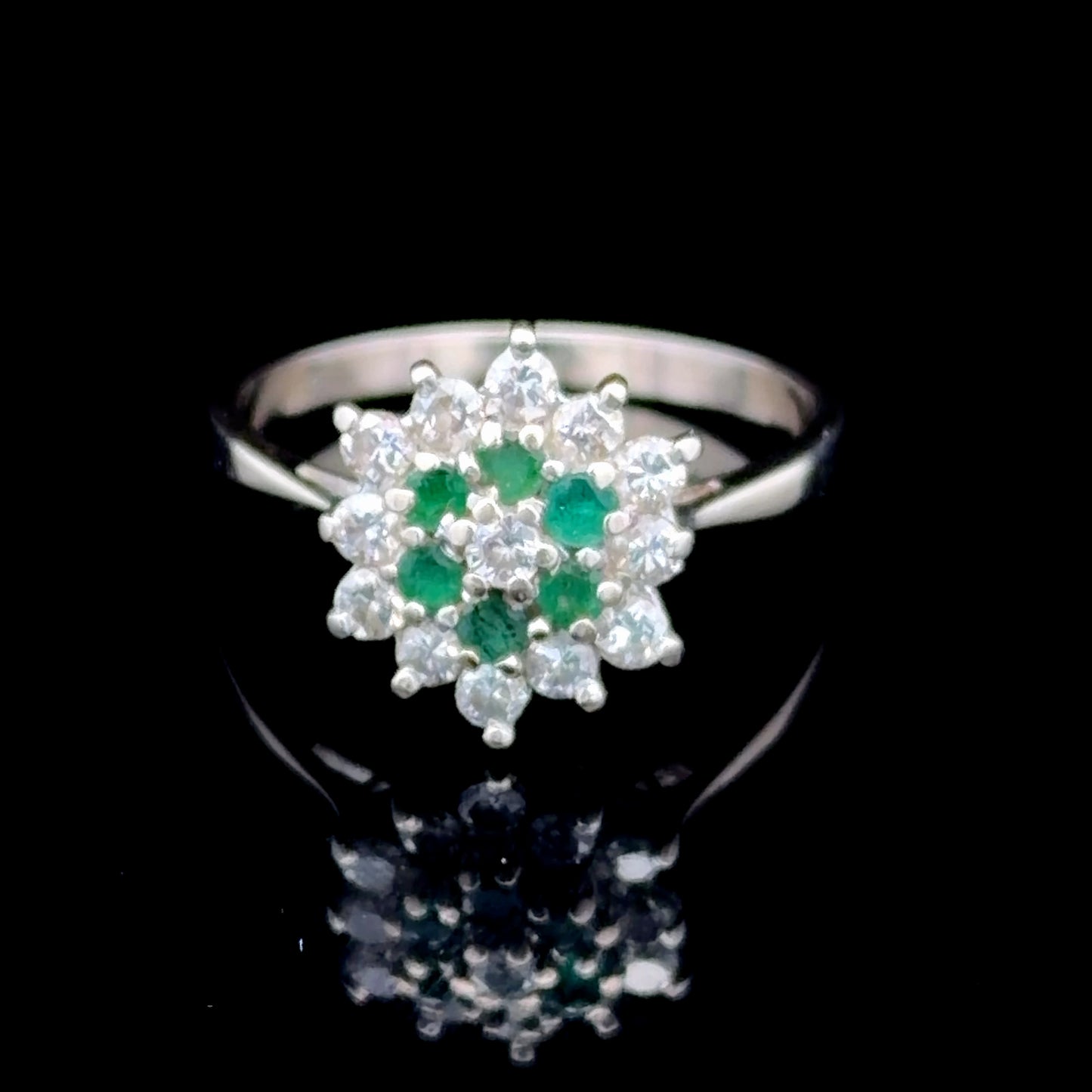 18K White Gold Diamond & Emerald Cluster Ring