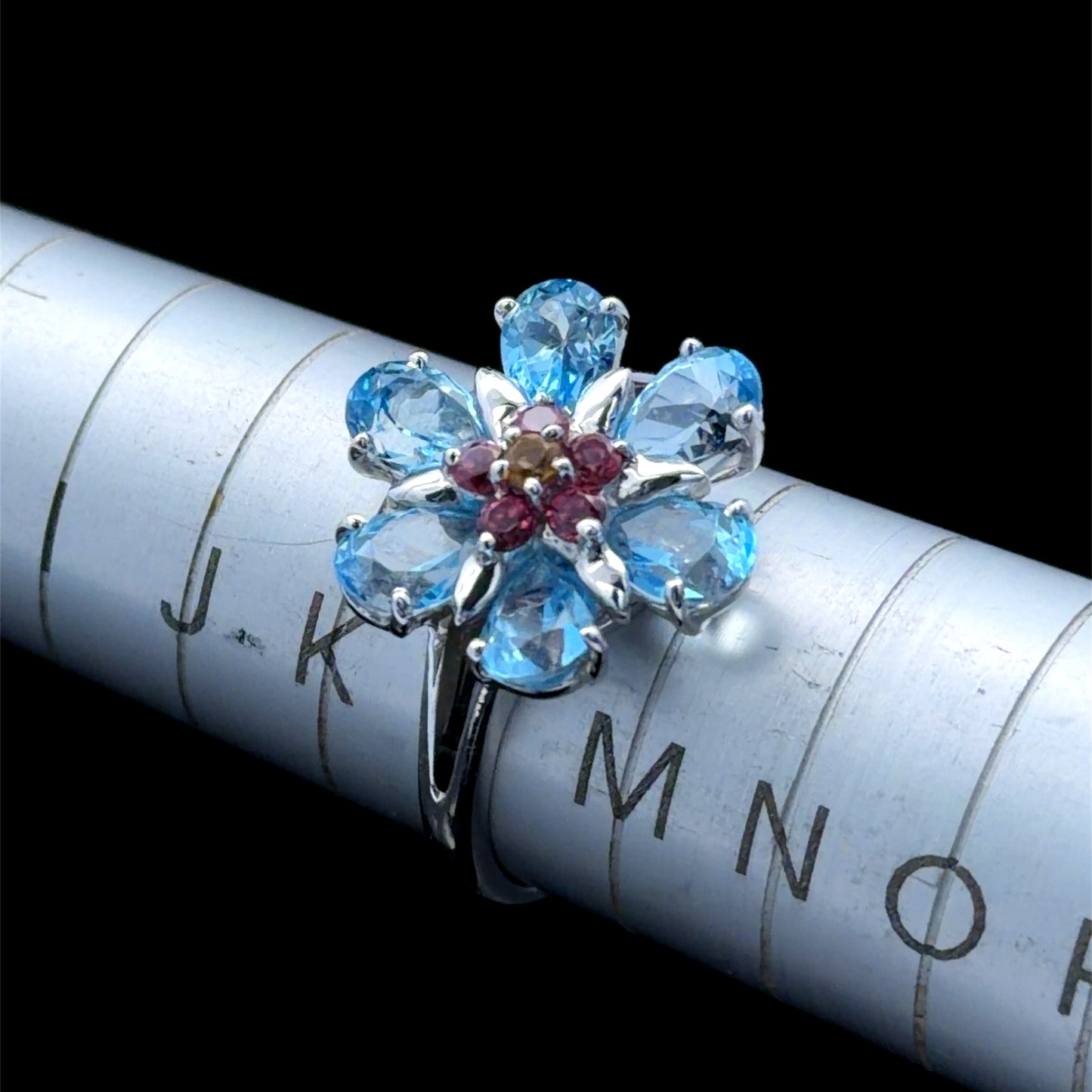 18K White Gold Aquamarine & Ruby Flower Ring